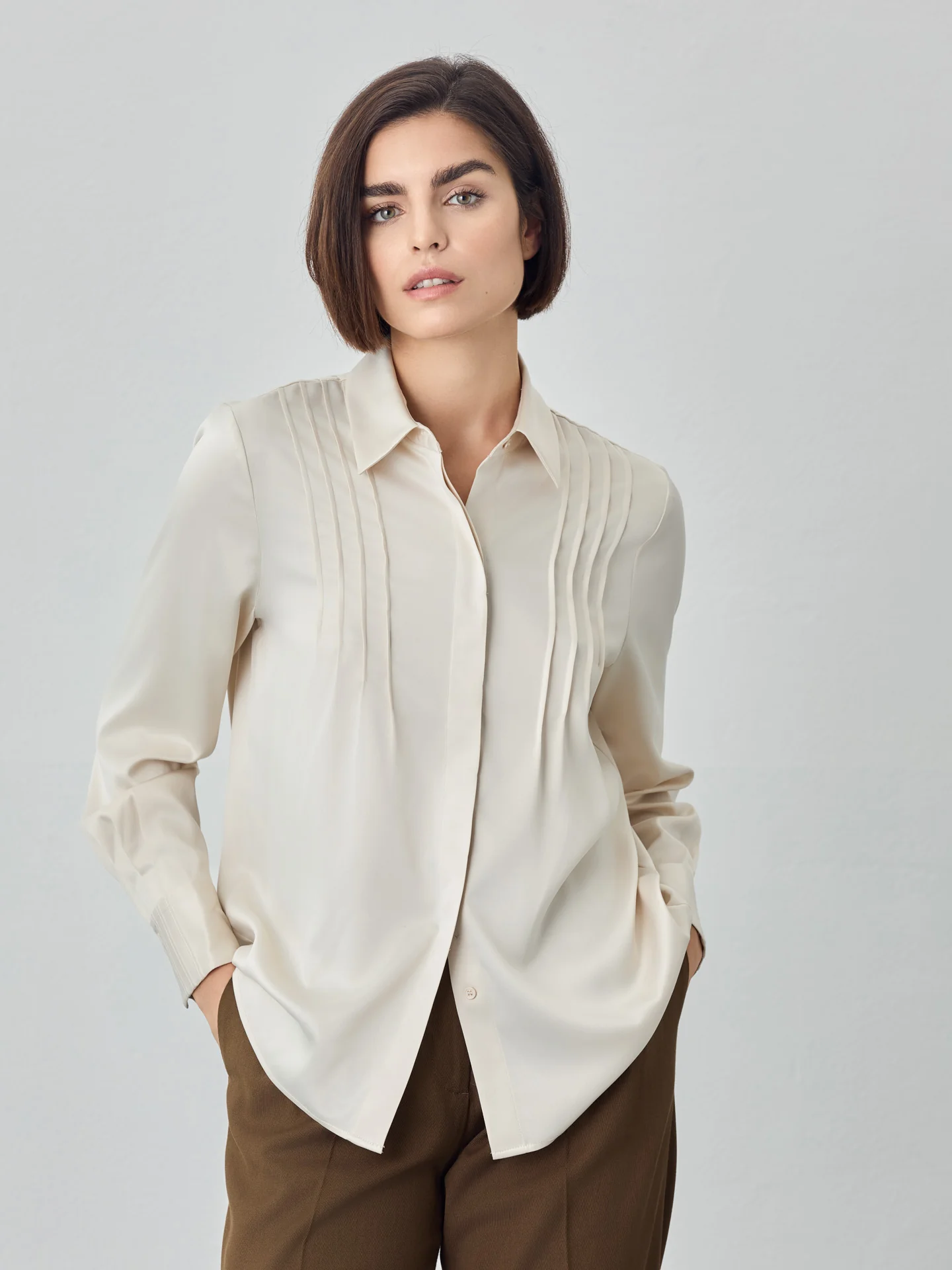 Blouse In Satin Fabric With Pleats Details - Image 2