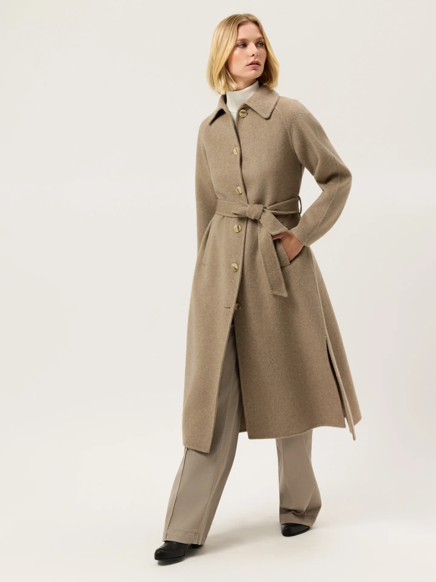 Handmade Overcoat In Wool and Tencel Blend With Belt