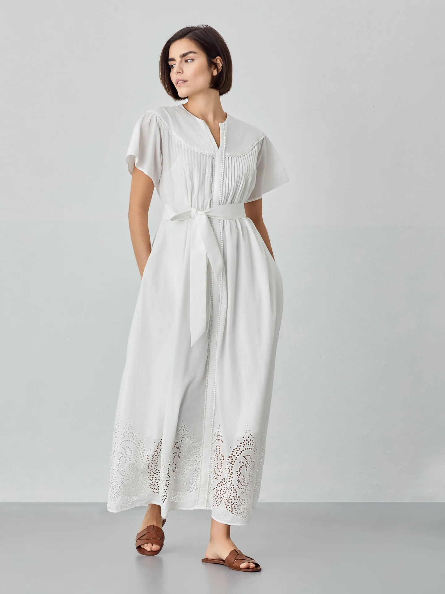 Long Dress In Organic Cootn Fabric With English Embroidery