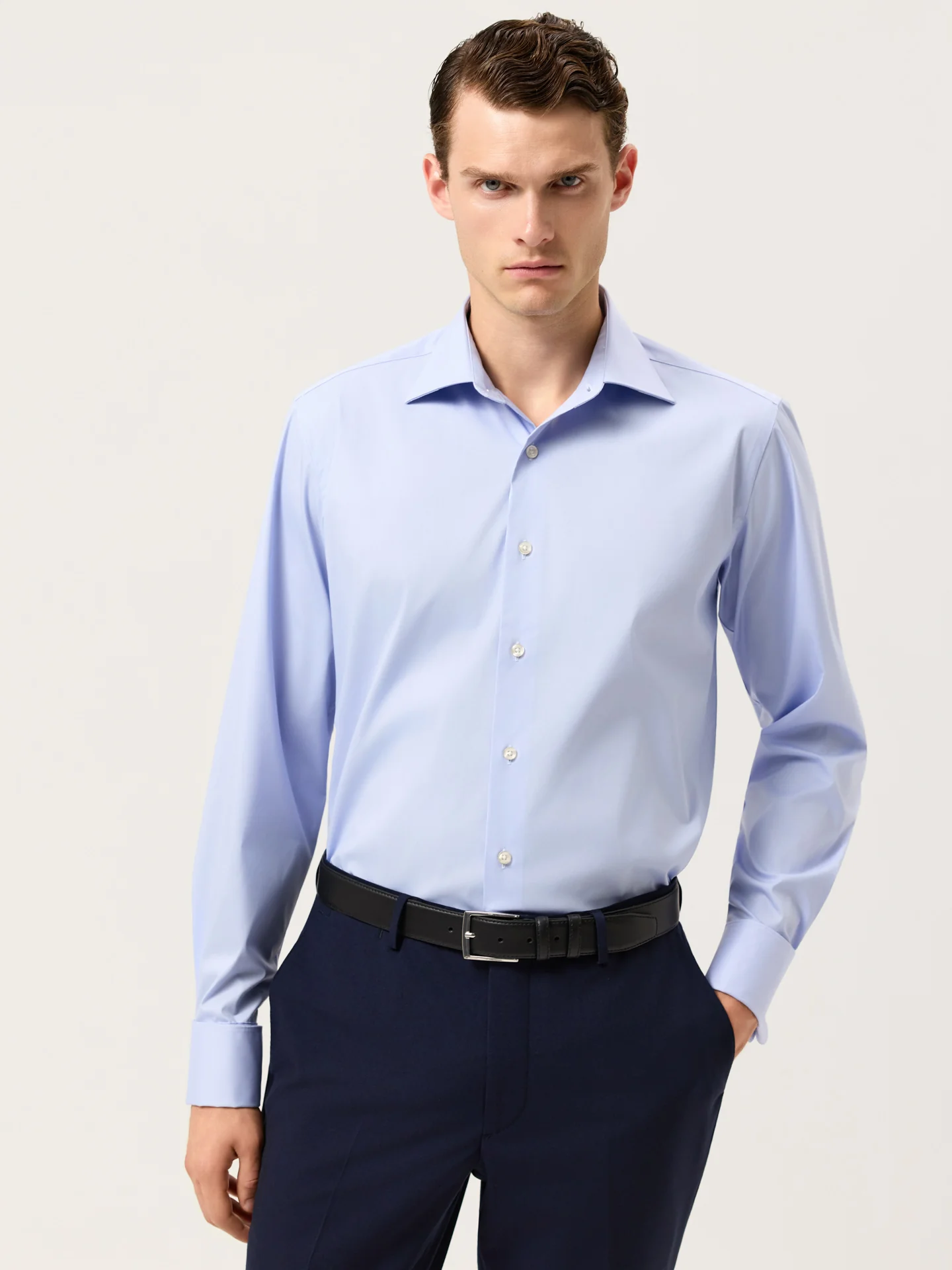 Regular Fit Cotton Stretch Travel Shirt With Oxford Collar And Double Cuff