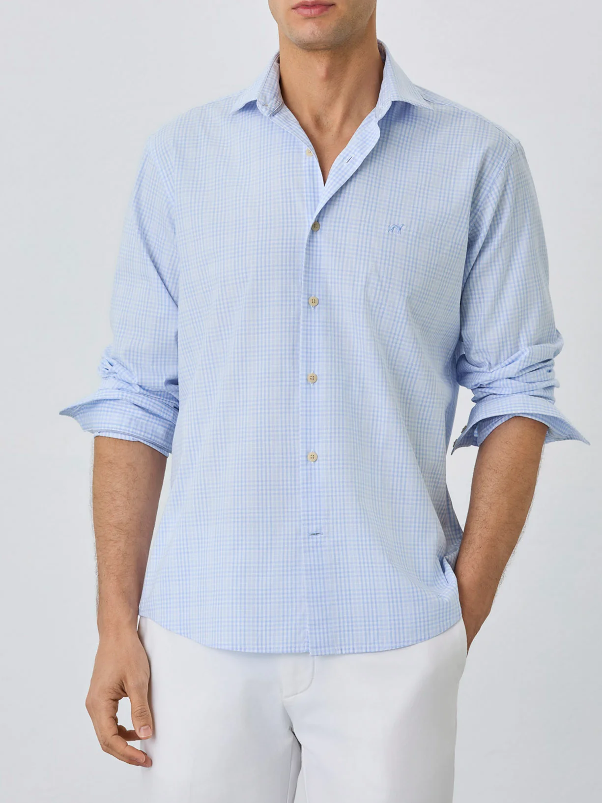 Regular Fit Shirt With Open Collar In BCI Cotton With Checks