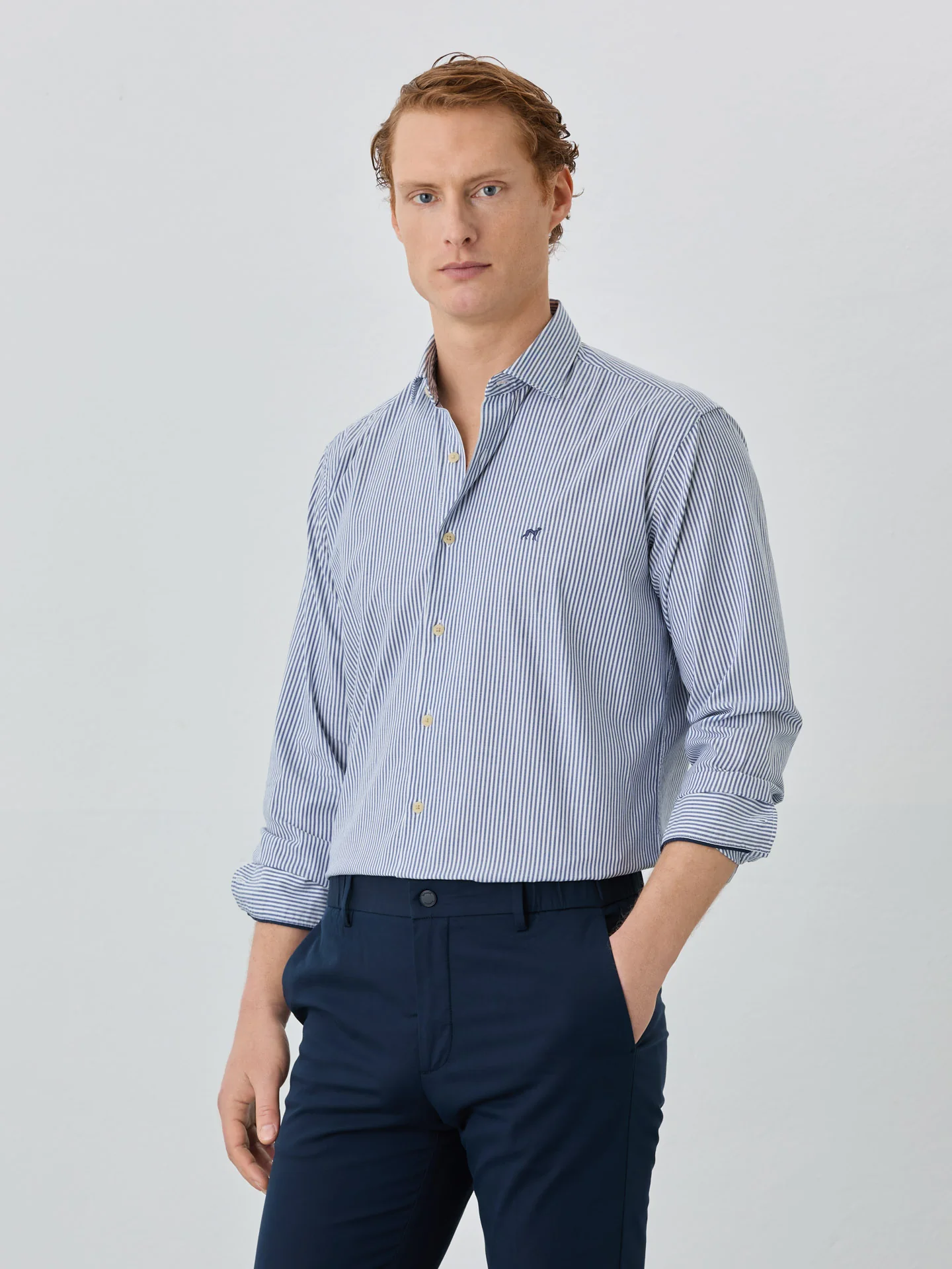 Regular Fit Shirt With Open Collar In BCI Cotton With Stripes