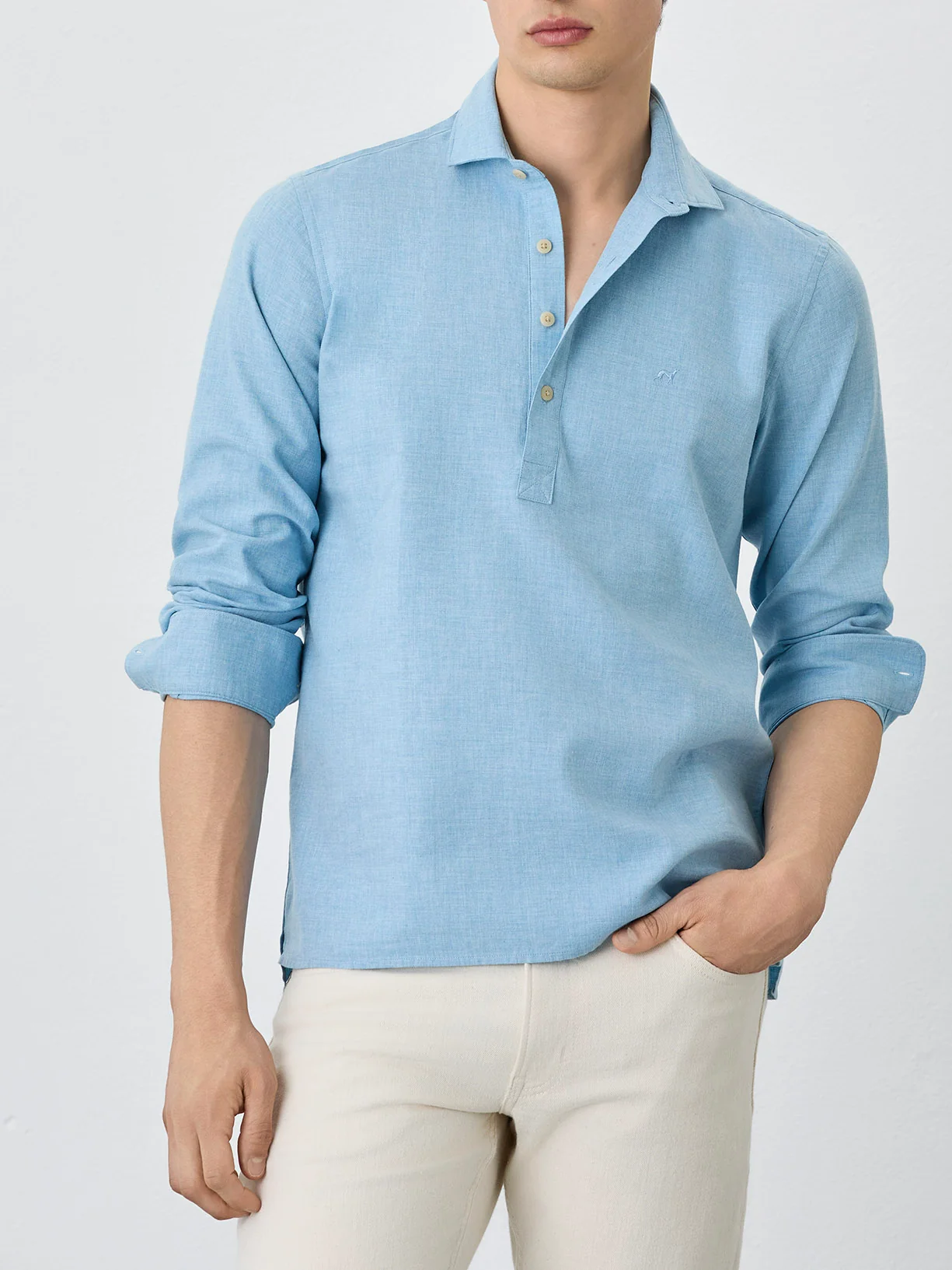 Regular Fit Shirt With Polo Shirt Collar In Cotton-linen Blend