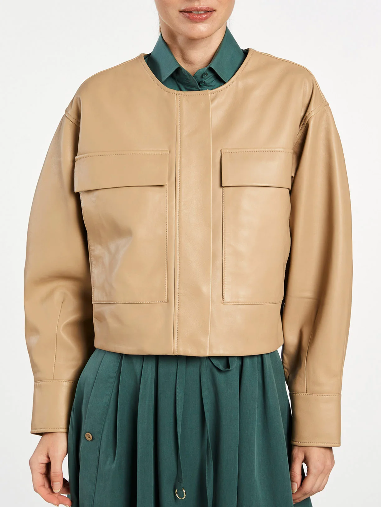 Round Neckline Leather Jacket - Image 2