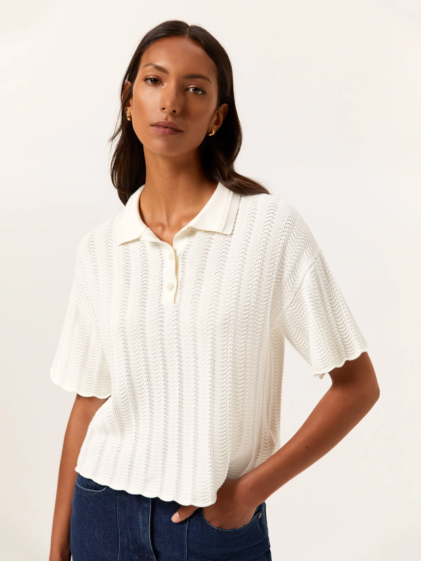 Short-Sleeve Polo Sweater With Fancy Knitting In Cotton