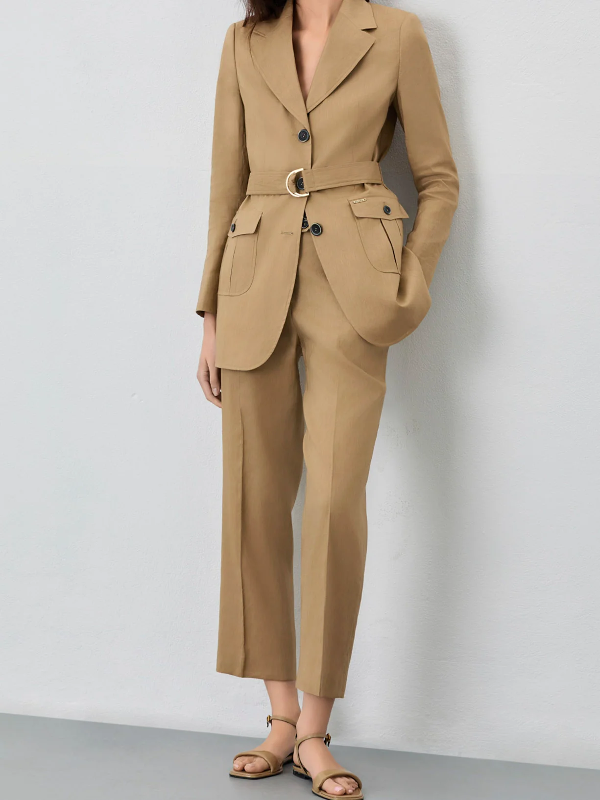 Single-Breasted Suit Blazer In Viscose Linen Blend With Belt