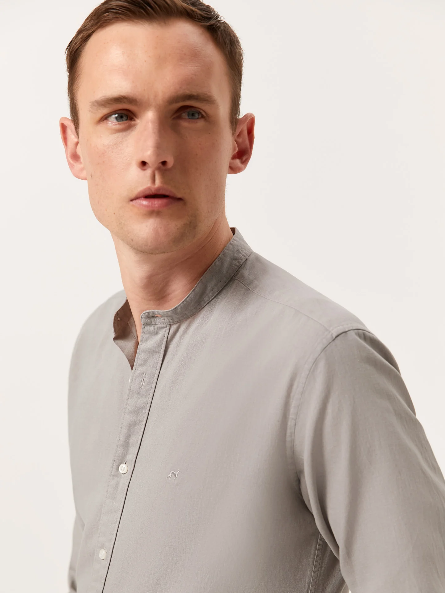 Slim Fit Garment Dye Cotton Linen Shirt with Mao Collar - Image 12