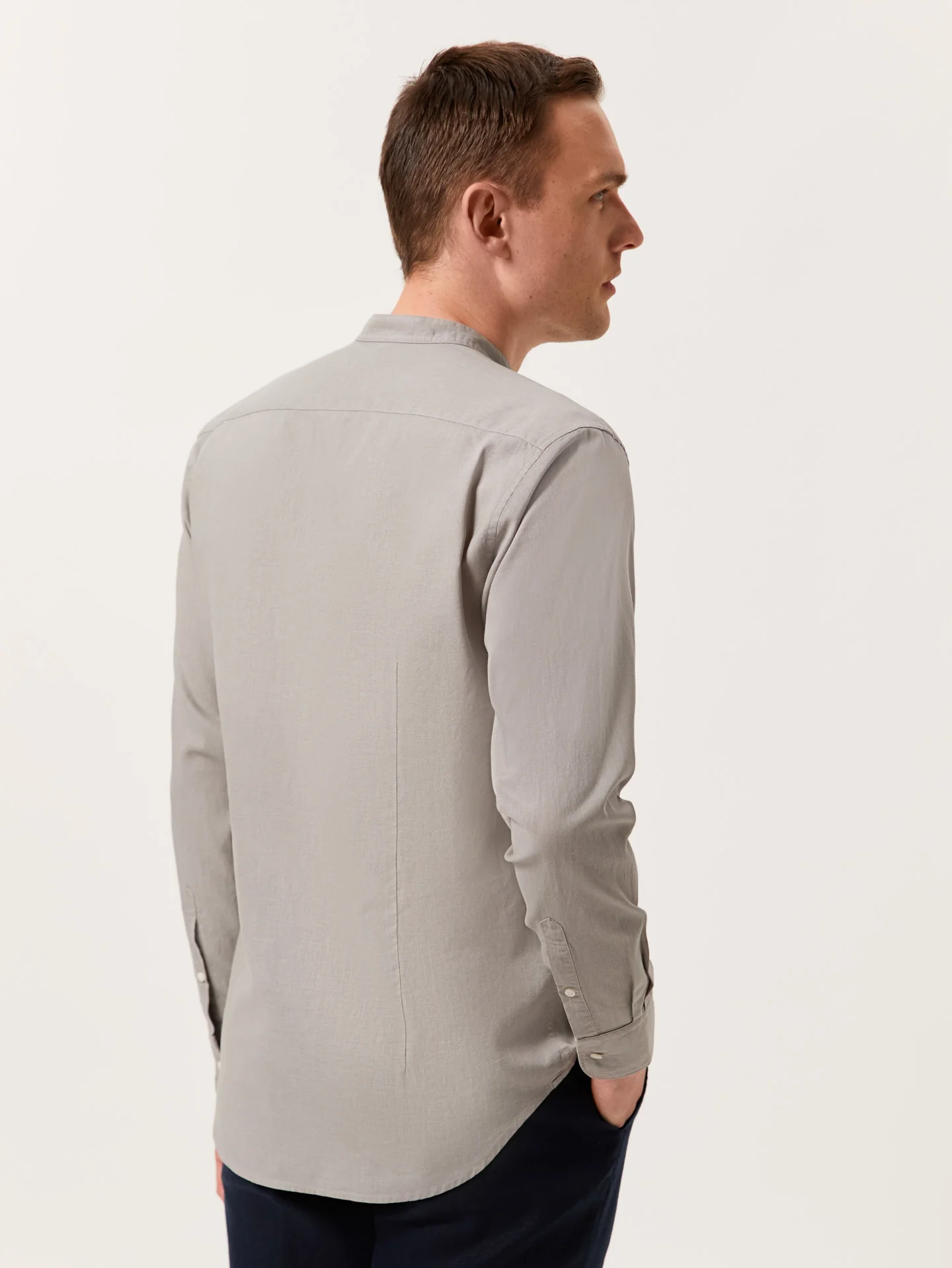 Slim Fit Garment Dye Cotton Linen Shirt with Mao Collar - Image 15
