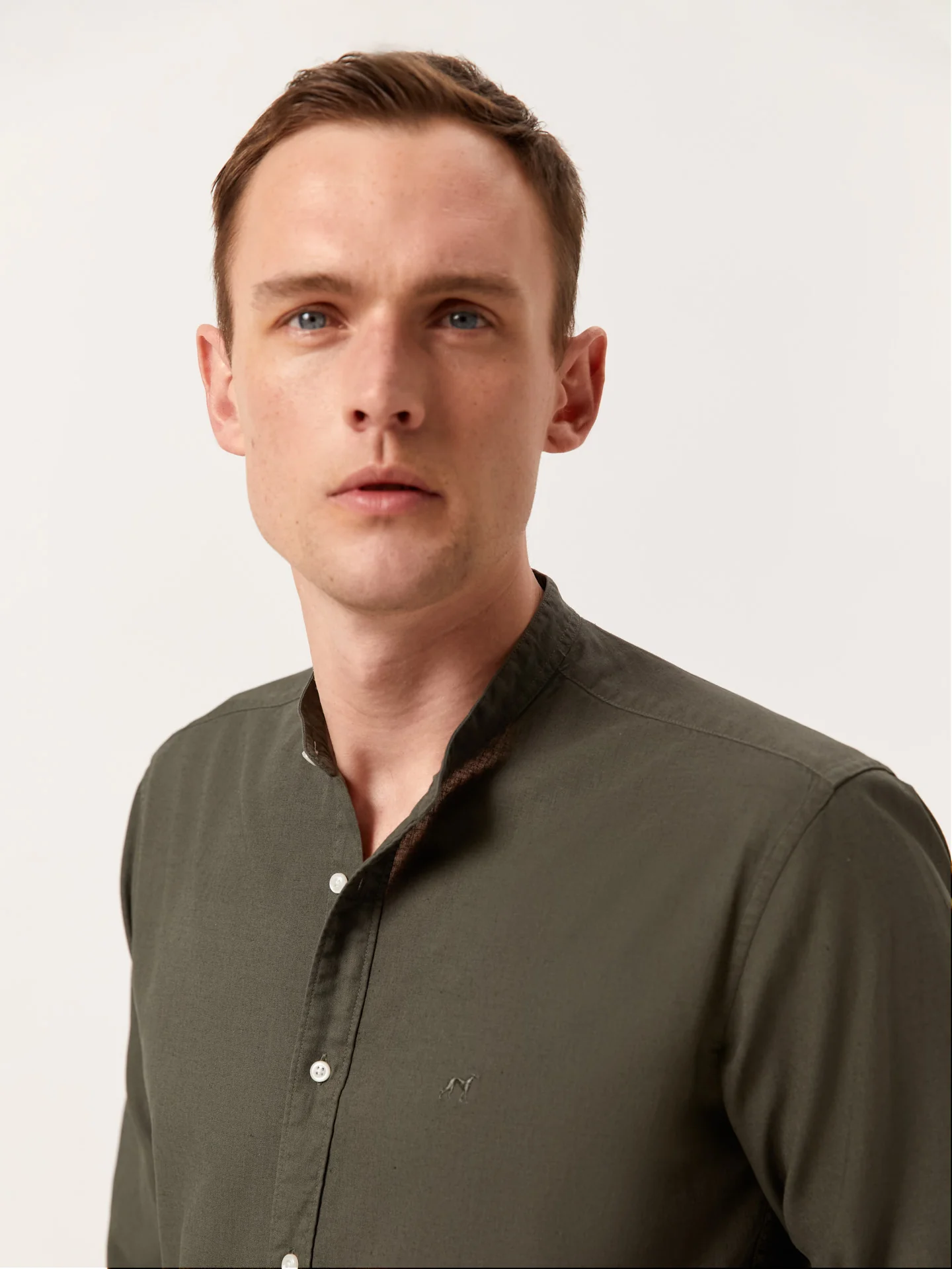 Slim Fit Garment Dye Cotton Linen Shirt with Mao Collar - Image 7