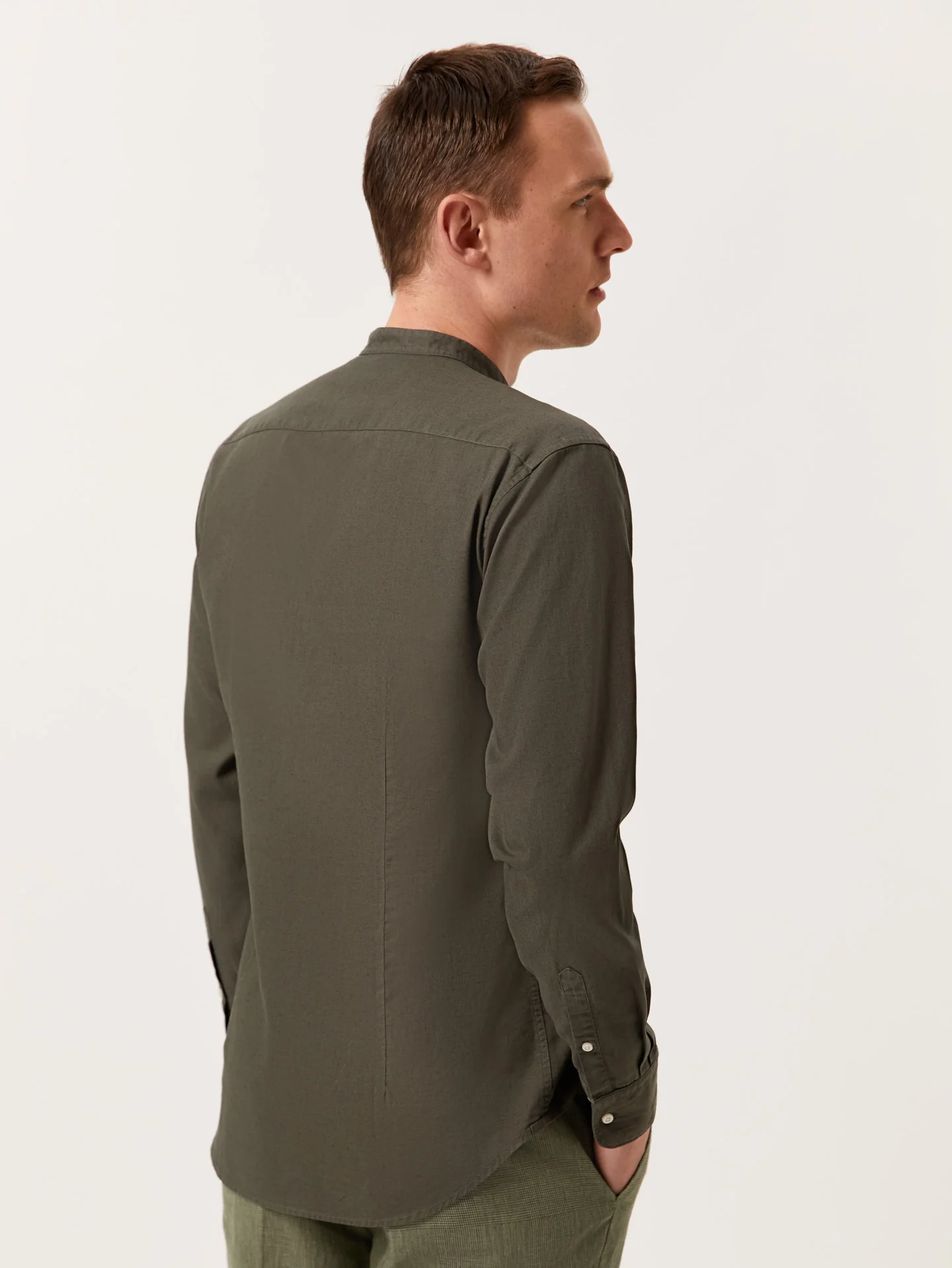 Slim Fit Garment Dye Cotton Linen Shirt with Mao Collar - Image 9