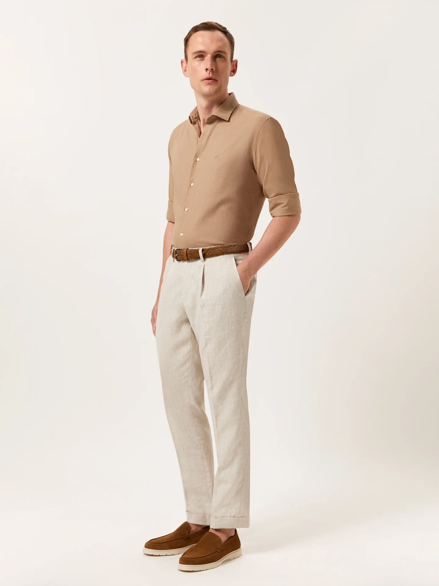 Slim Fit Garment Dye Cotton Linen Shirt with Open Collar