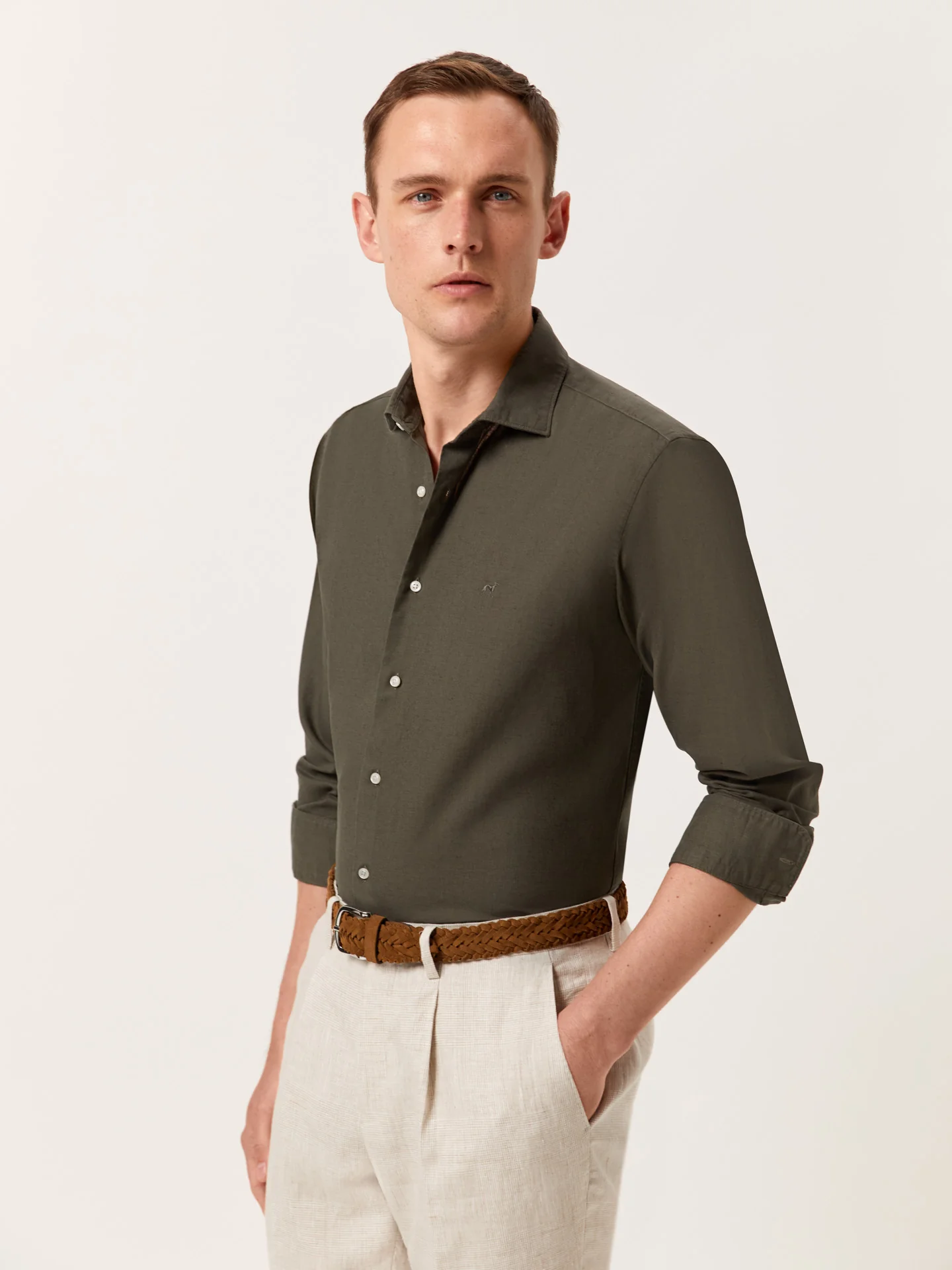 Slim Fit Garment Dye Cotton Linen Shirt with Open Collar - Image 11