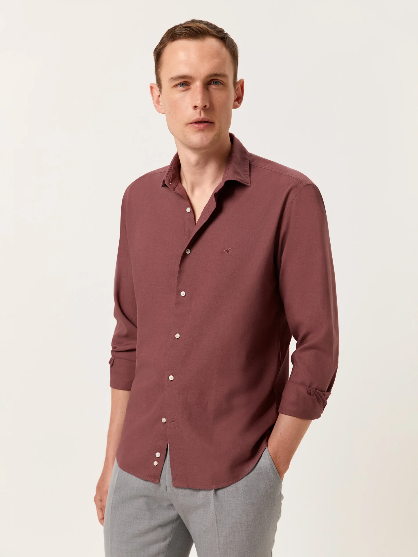 Slim Fit Garment Dye Cotton Linen Shirt with Open Collar - Image 14