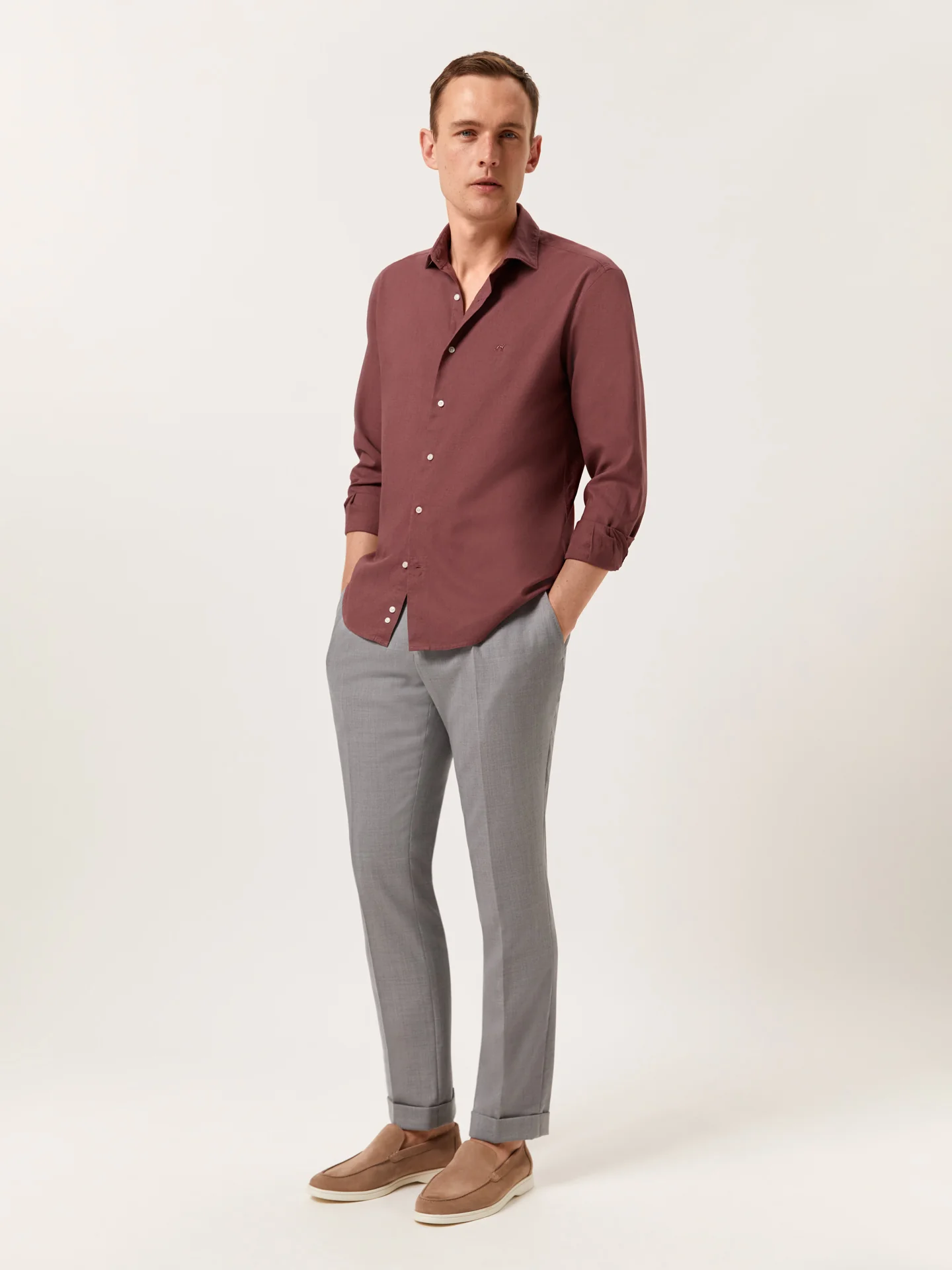 Slim Fit Garment Dye Cotton Linen Shirt with Open Collar - Image 15
