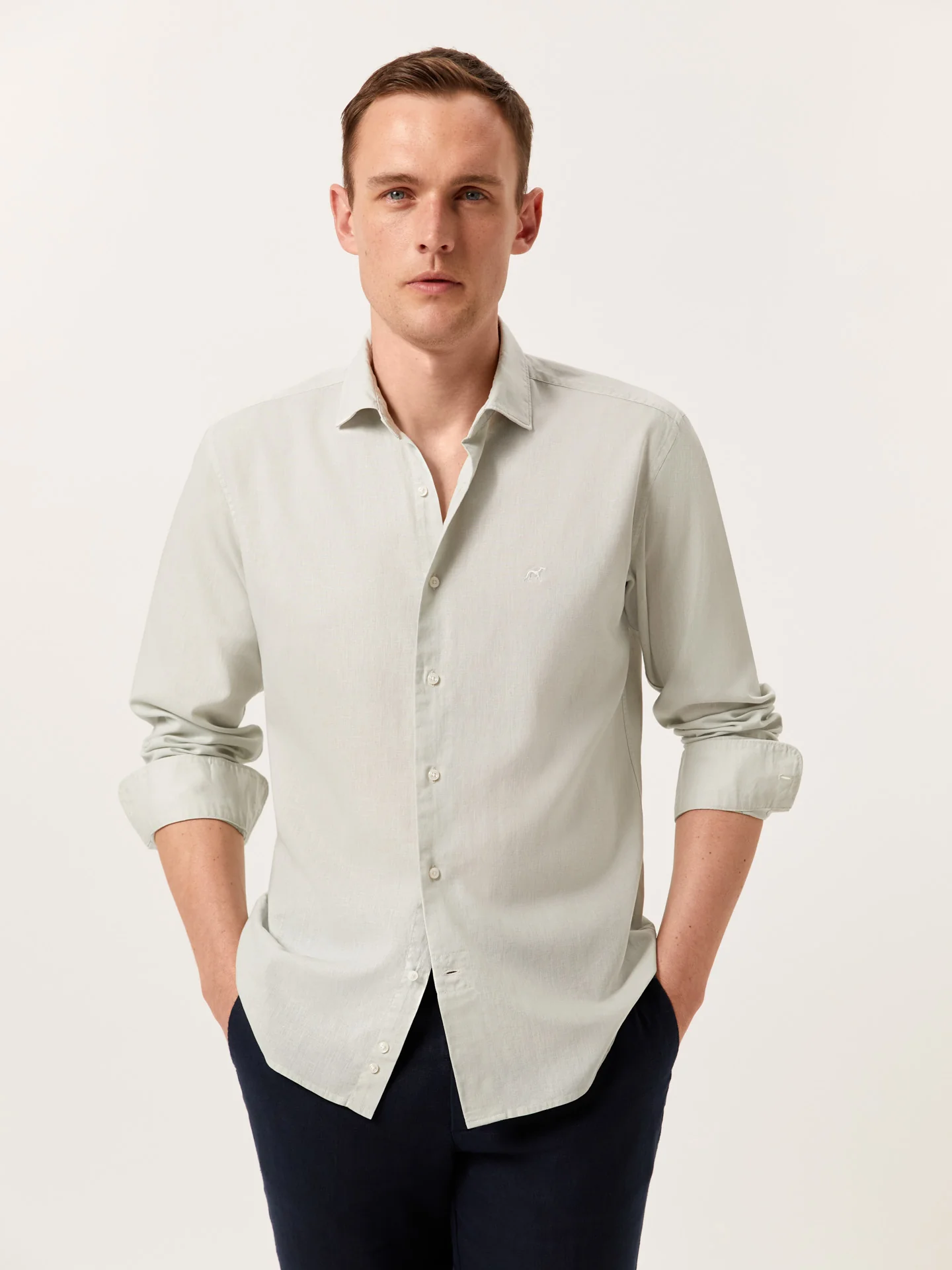 Slim Fit Garment Dye Cotton Linen Shirt with Open Collar - Image 25