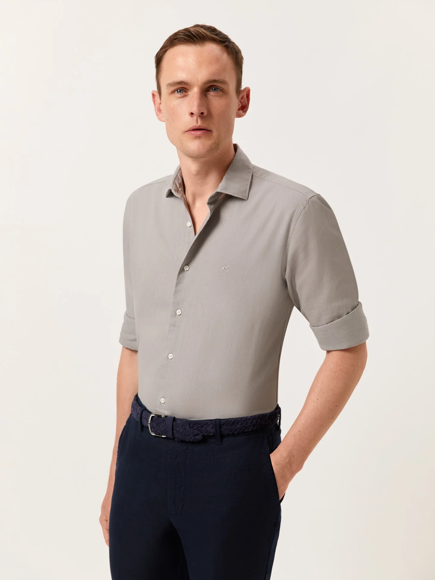 Slim Fit Garment Dye Cotton Linen Shirt with Open Collar - Image 29