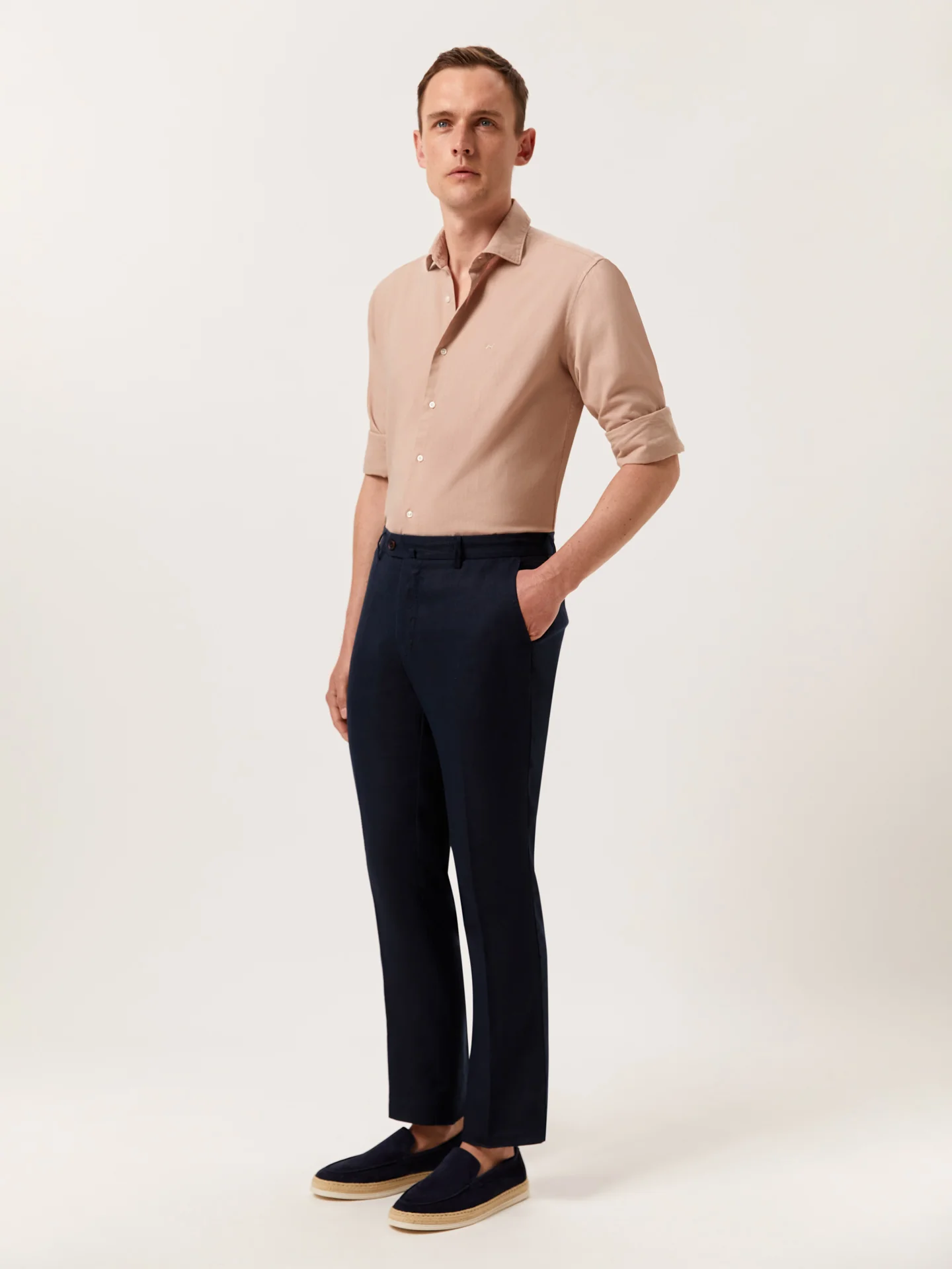 Slim Fit Garment Dye Cotton Linen Shirt with Open Collar - Image 33
