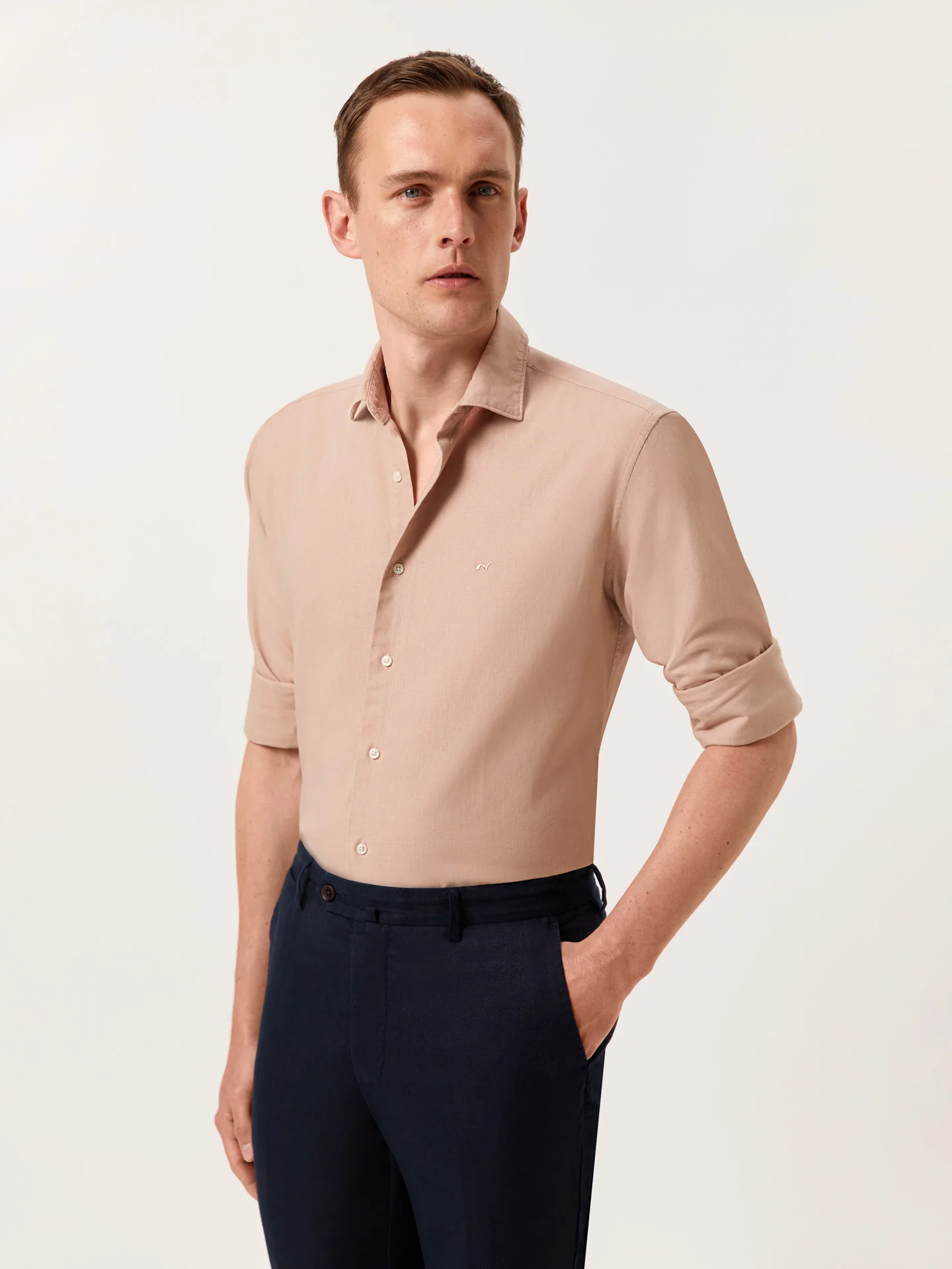 Slim Fit Garment Dye Cotton Linen Shirt with Open Collar - Image 34