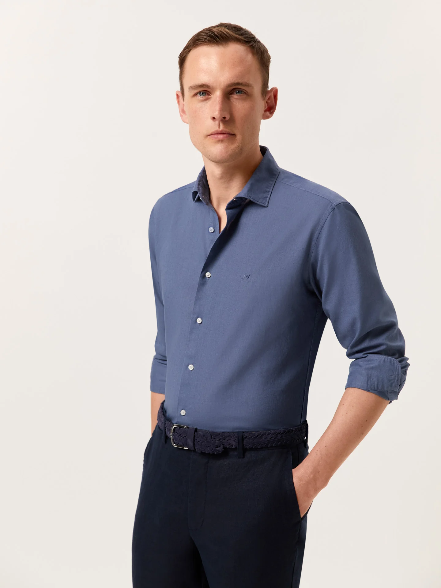 Slim Fit Garment Dye Cotton Linen Shirt with Open Collar - Image 38