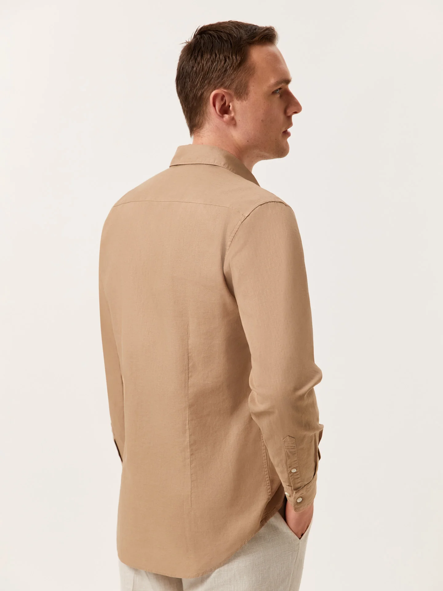 Slim Fit Garment Dye Cotton Linen Shirt with Open Collar - Image 4