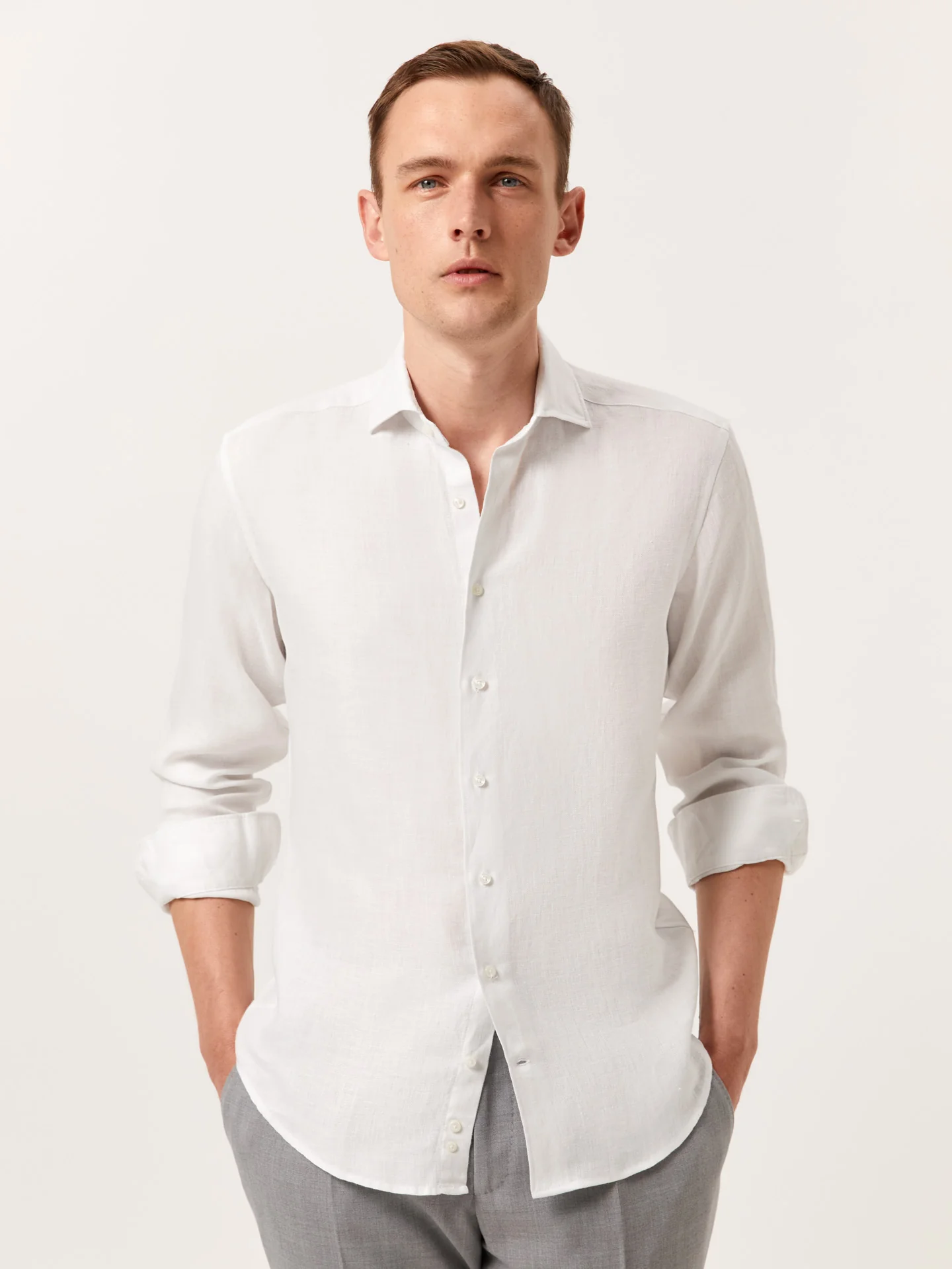 Slim Fit Herringbone Linen Shirt with Newport Collar