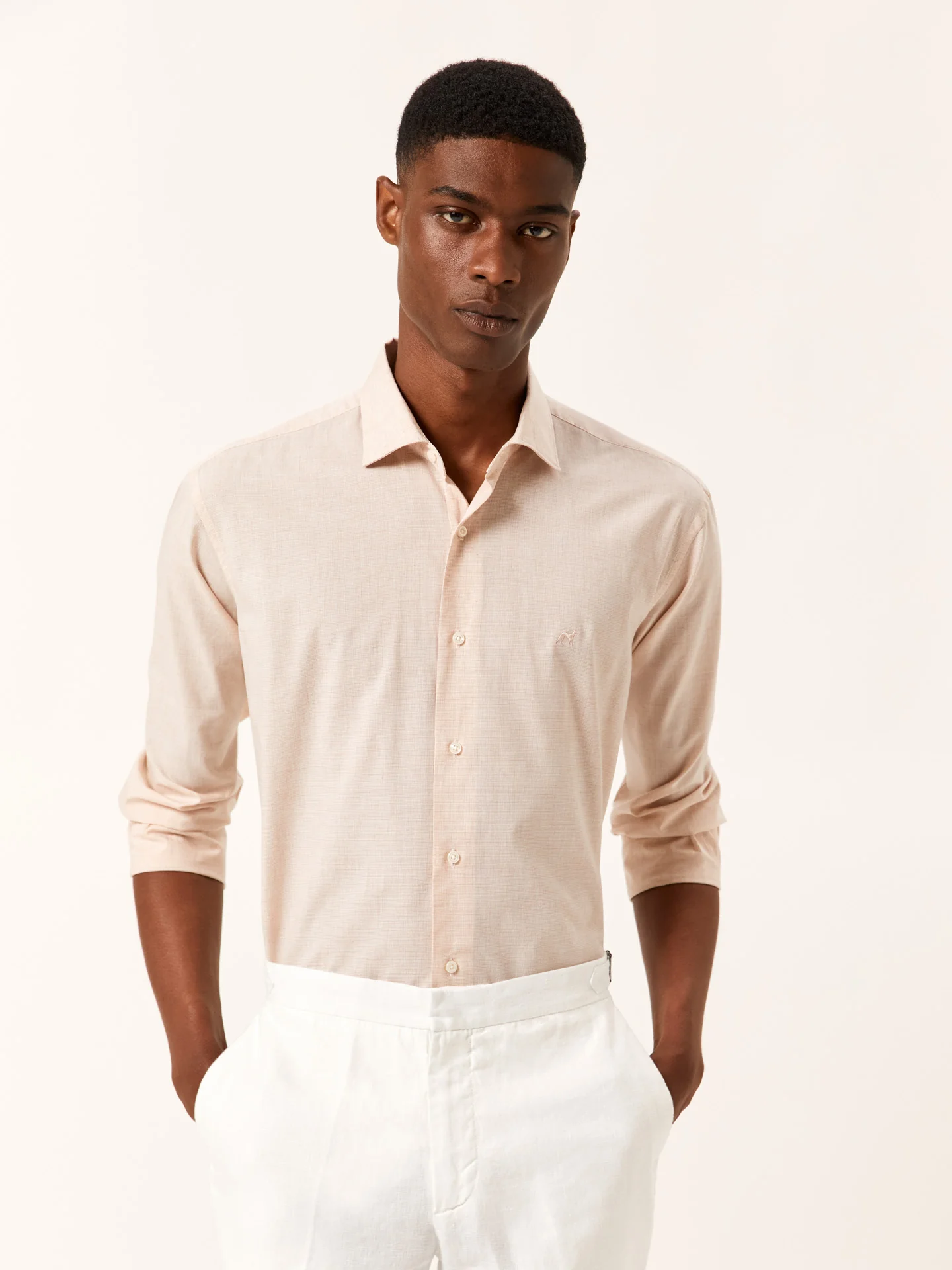 Slim Fit Houndstooth Cotton Poplin Shirt with Open Collar - Image 2