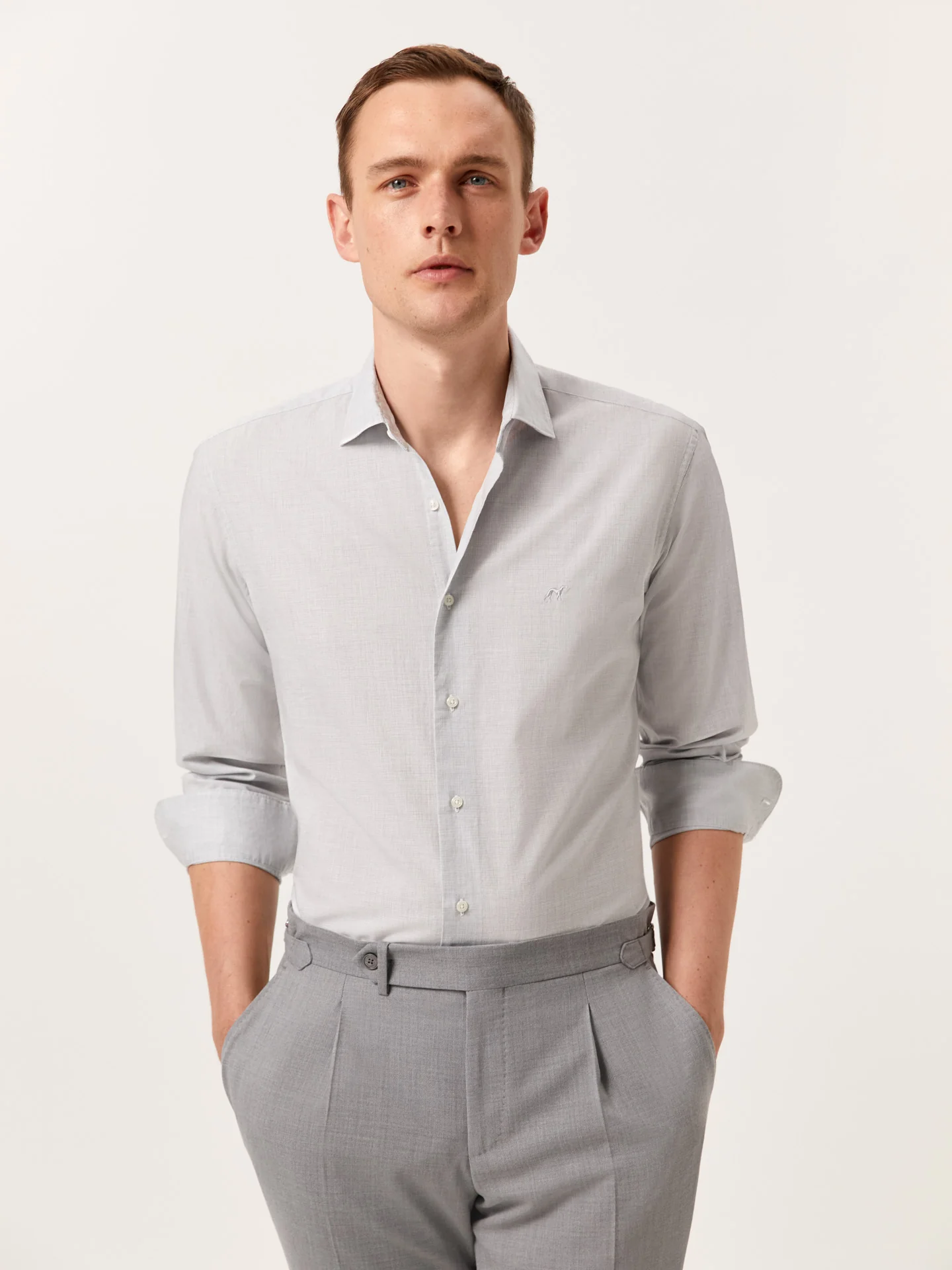 Slim Fit Houndstooth Cotton Poplin Shirt with Open Collar