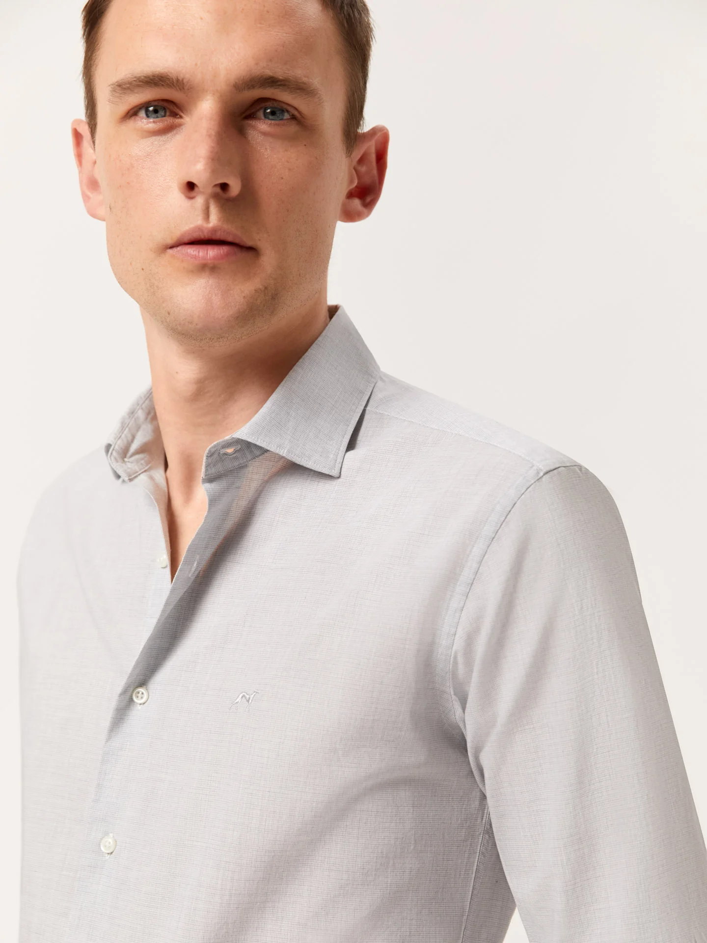 Slim Fit Houndstooth Cotton Poplin Shirt with Open Collar - Image 2
