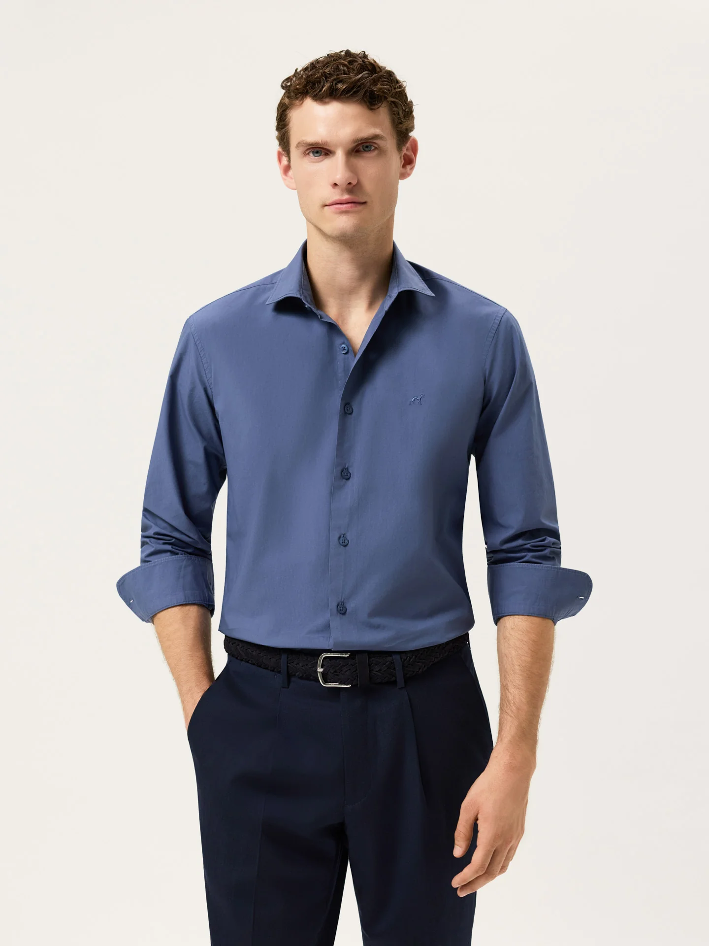 Slim Fit Overdye Poplin Shirt With Open Collar