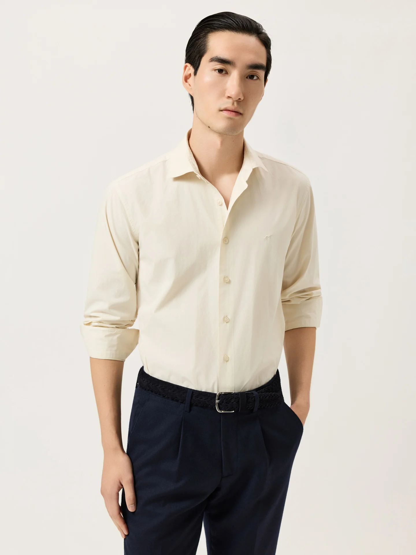 Slim Fit Overdye Poplin Shirt With Open Collar - Image 13