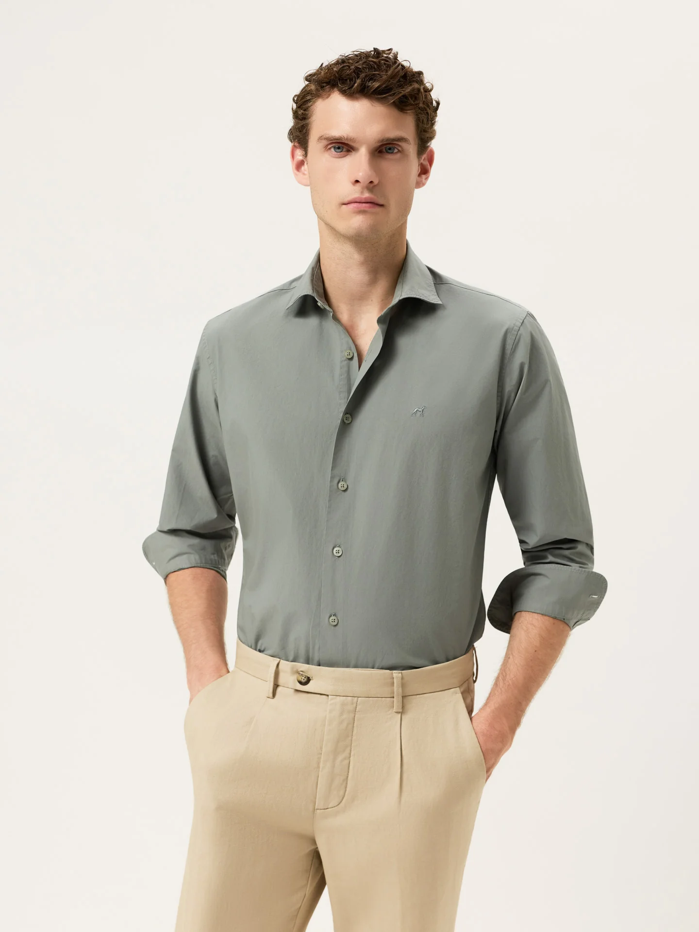 Slim Fit Overdye Poplin Shirt With Open Collar - Image 18