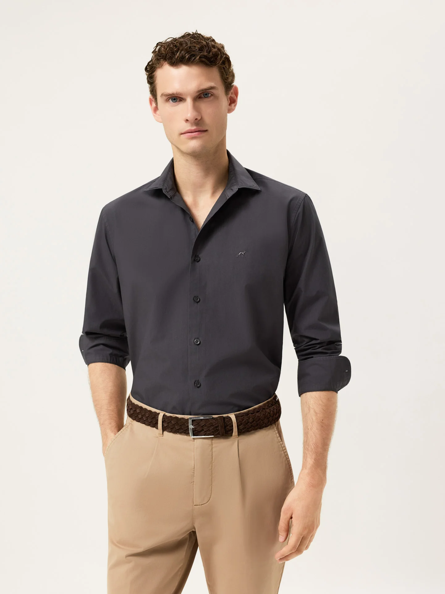 Slim Fit Overdye Poplin Shirt With Open Collar - Image 22