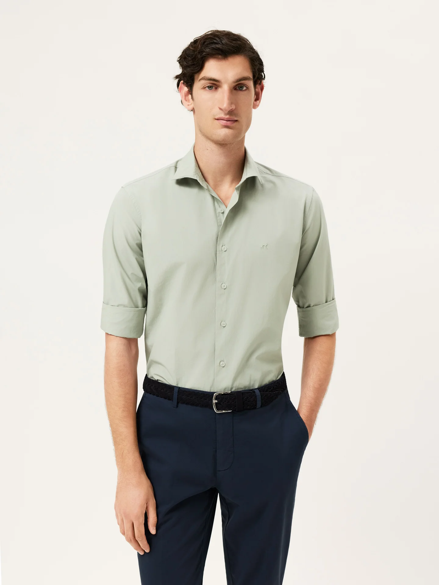 Slim Fit Overdye Poplin Shirt With Open Collar - Image 34