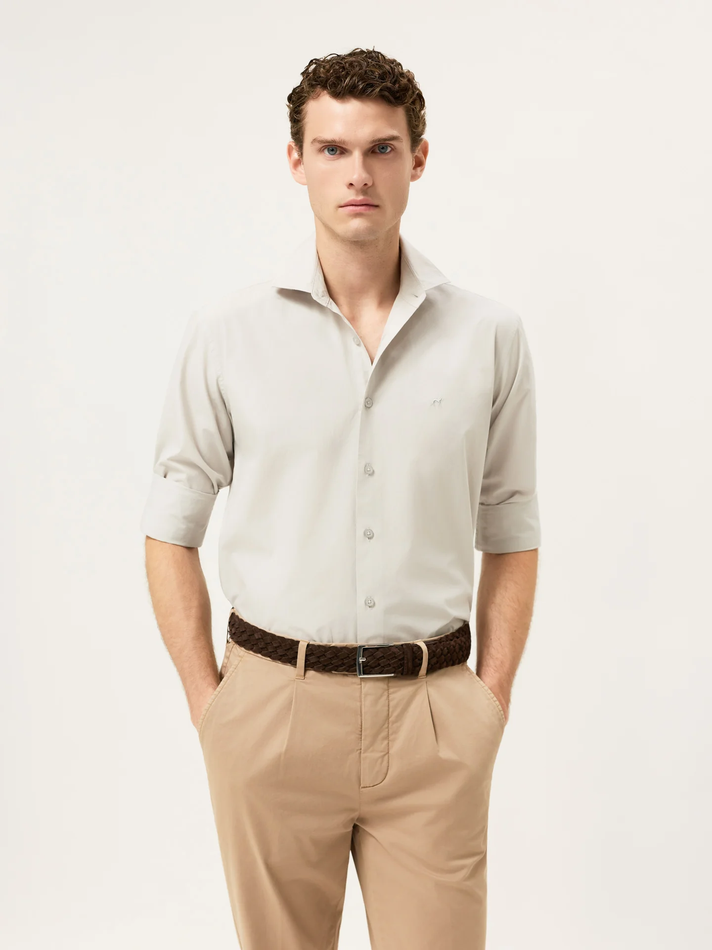 Slim Fit Overdye Poplin Shirt With Open Collar - Image 38