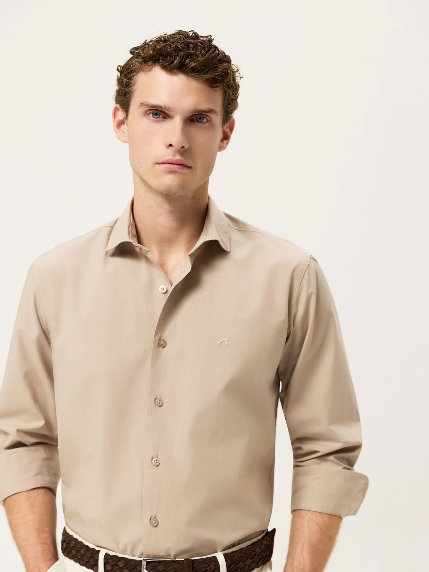 Slim Fit Overdye Poplin Shirt With Open Collar - Image 49