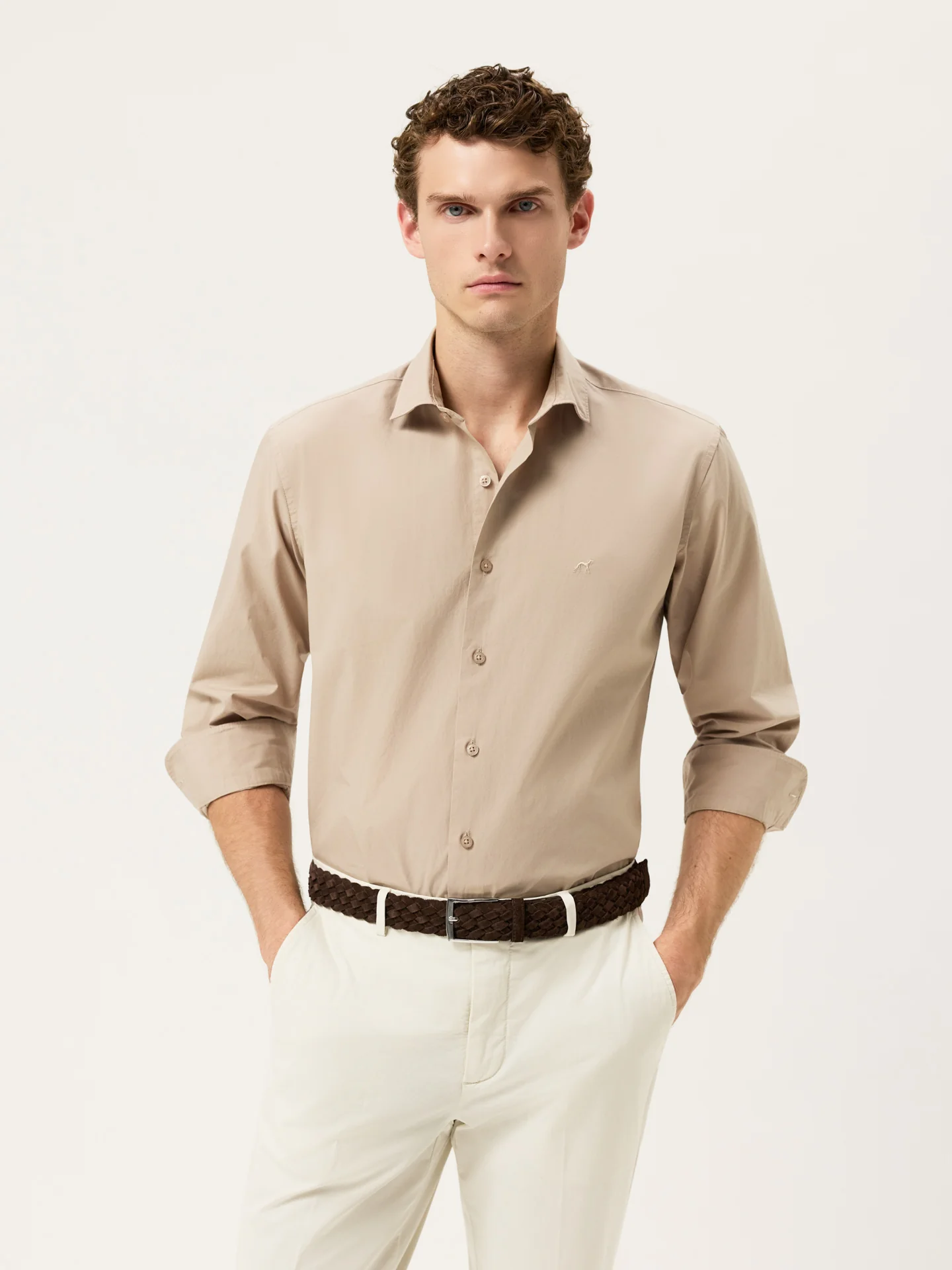 Slim Fit Overdye Poplin Shirt With Open Collar - Image 50