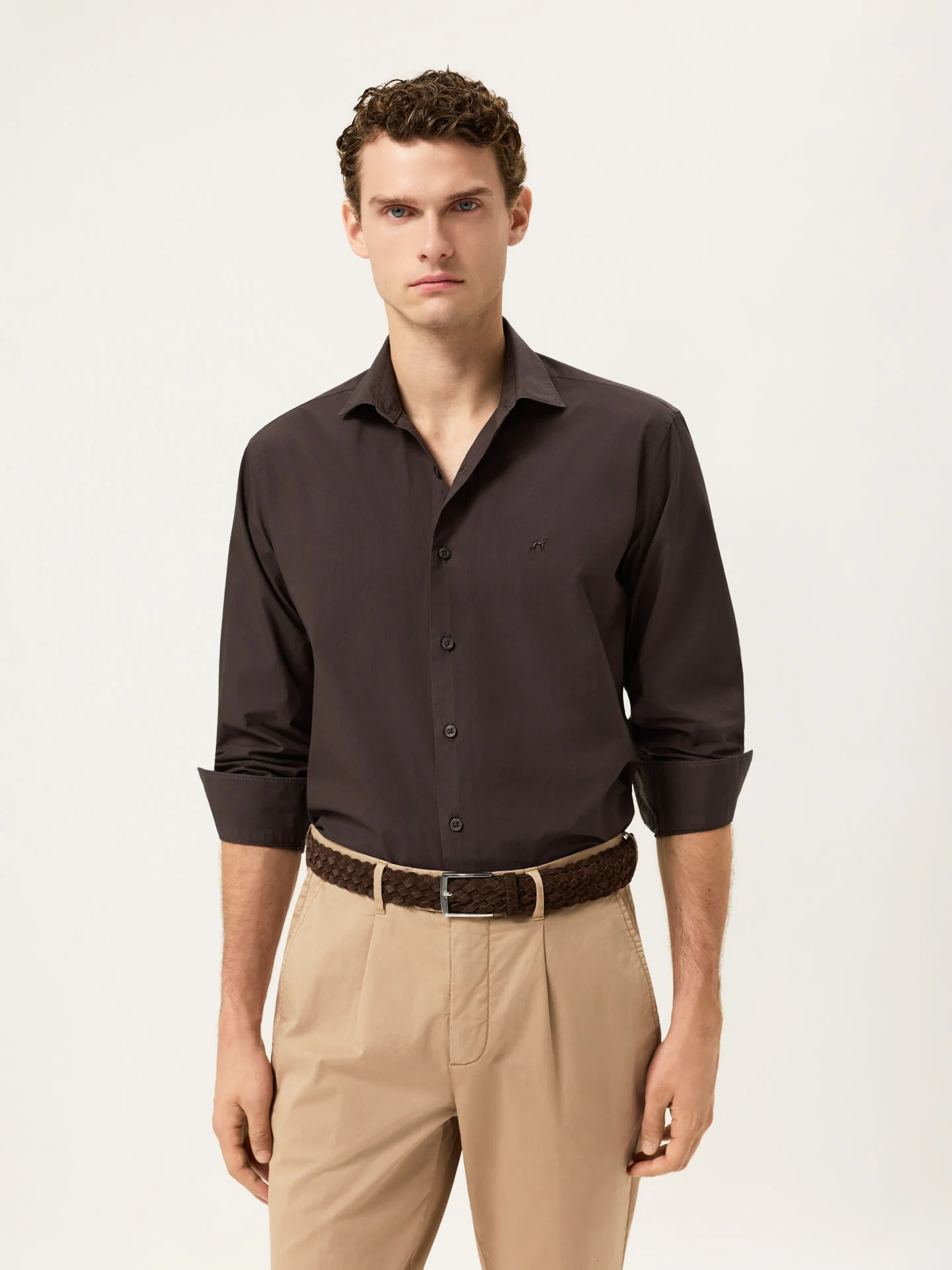 Slim Fit Overdye Poplin Shirt With Open Collar - Image 6