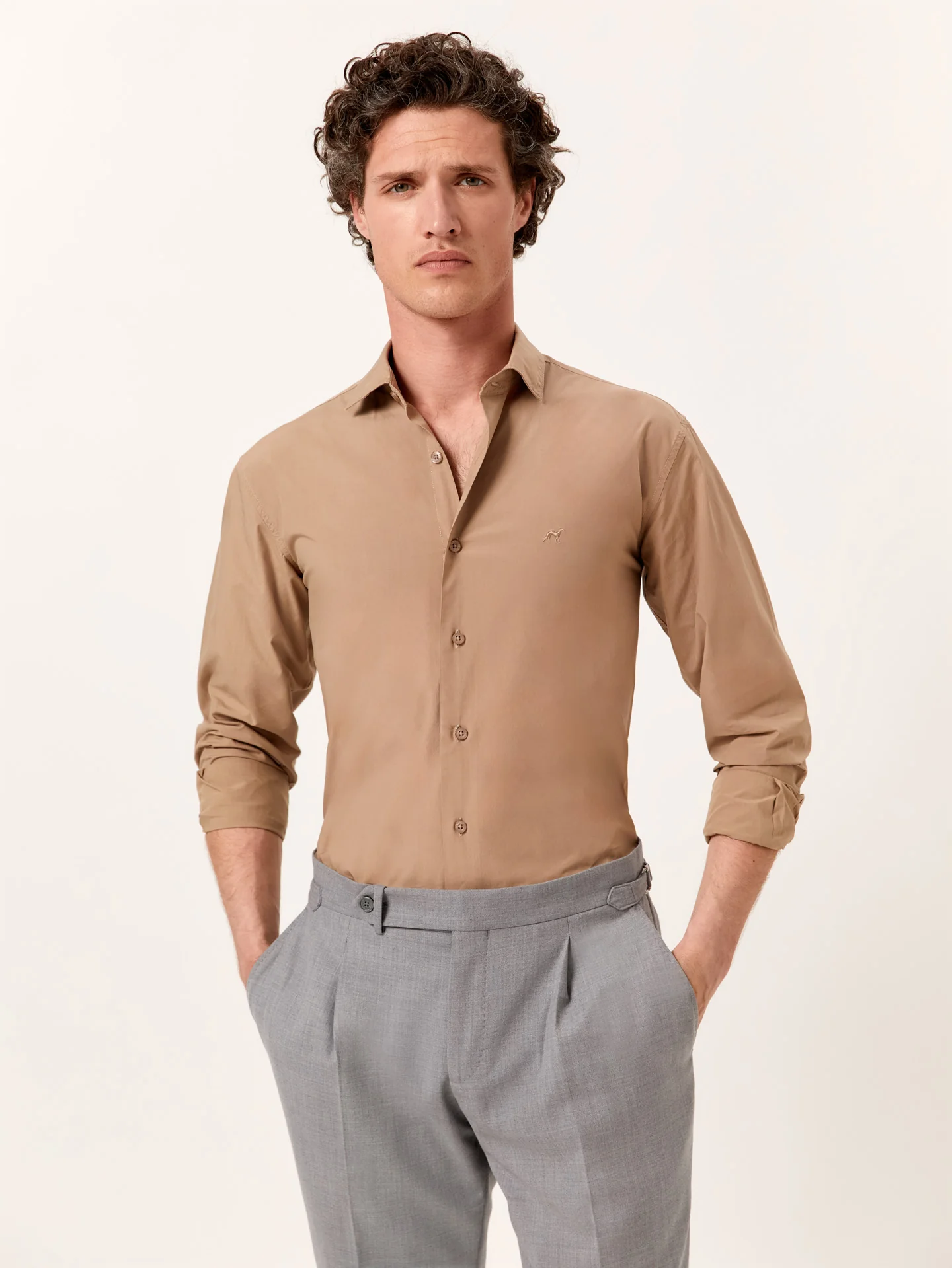 Slim Fit Overdye Poplin Shirt with Open Collar