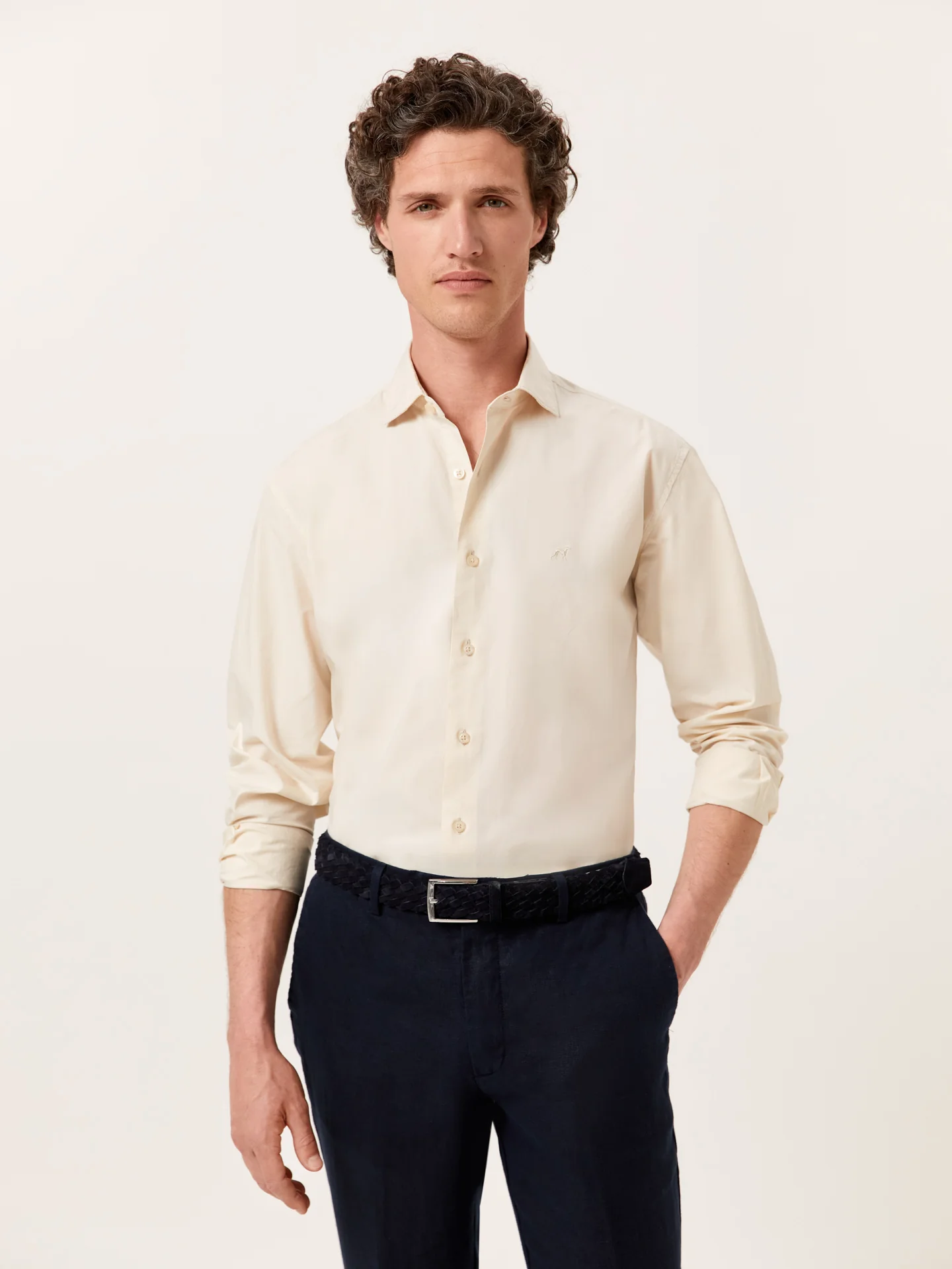 Slim Fit Overdye Poplin Shirt with Open Collar - Image 17