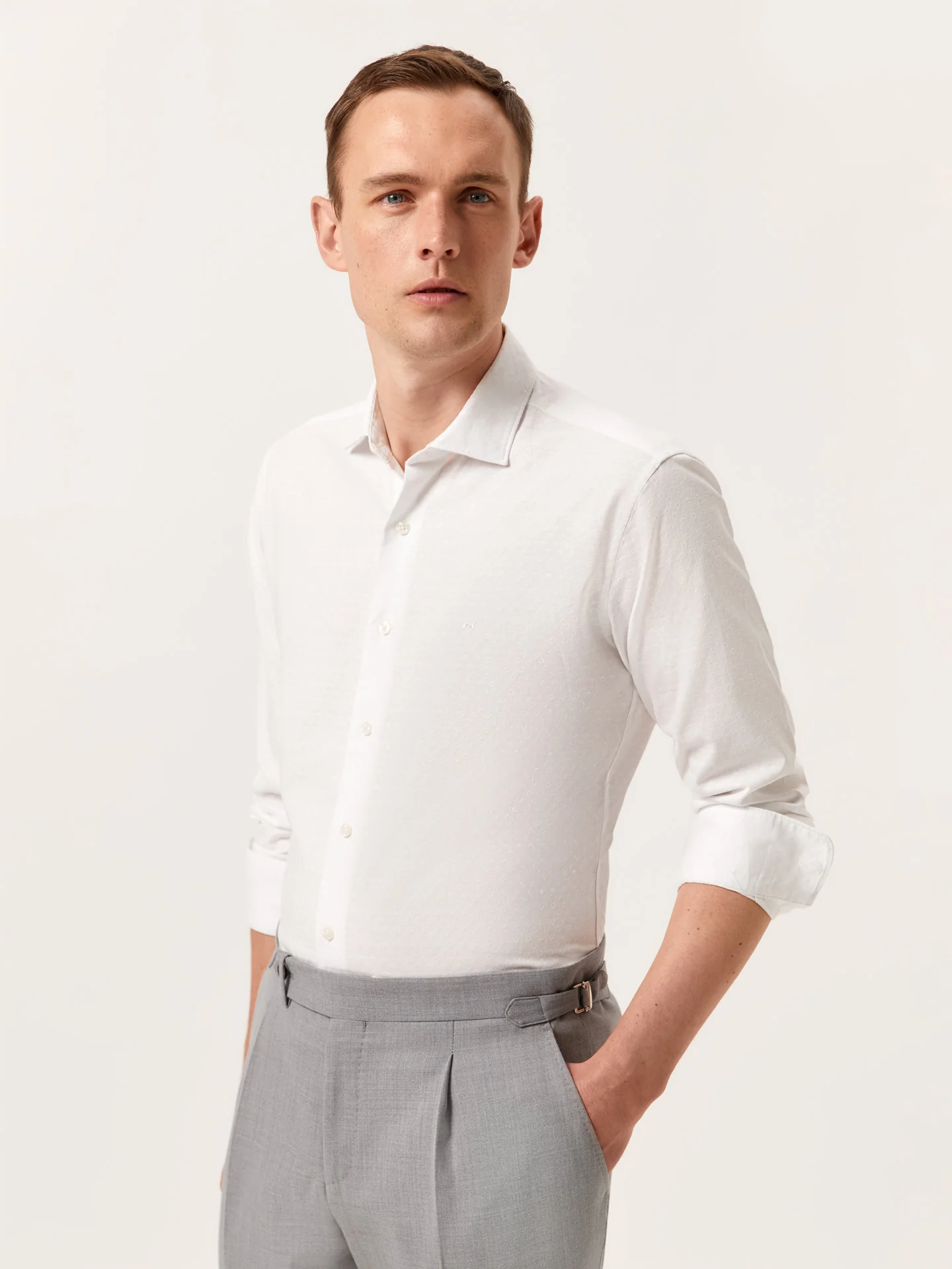 Slim Fit Pattern Jacquard Cotton Linen Shirt with Open Collar