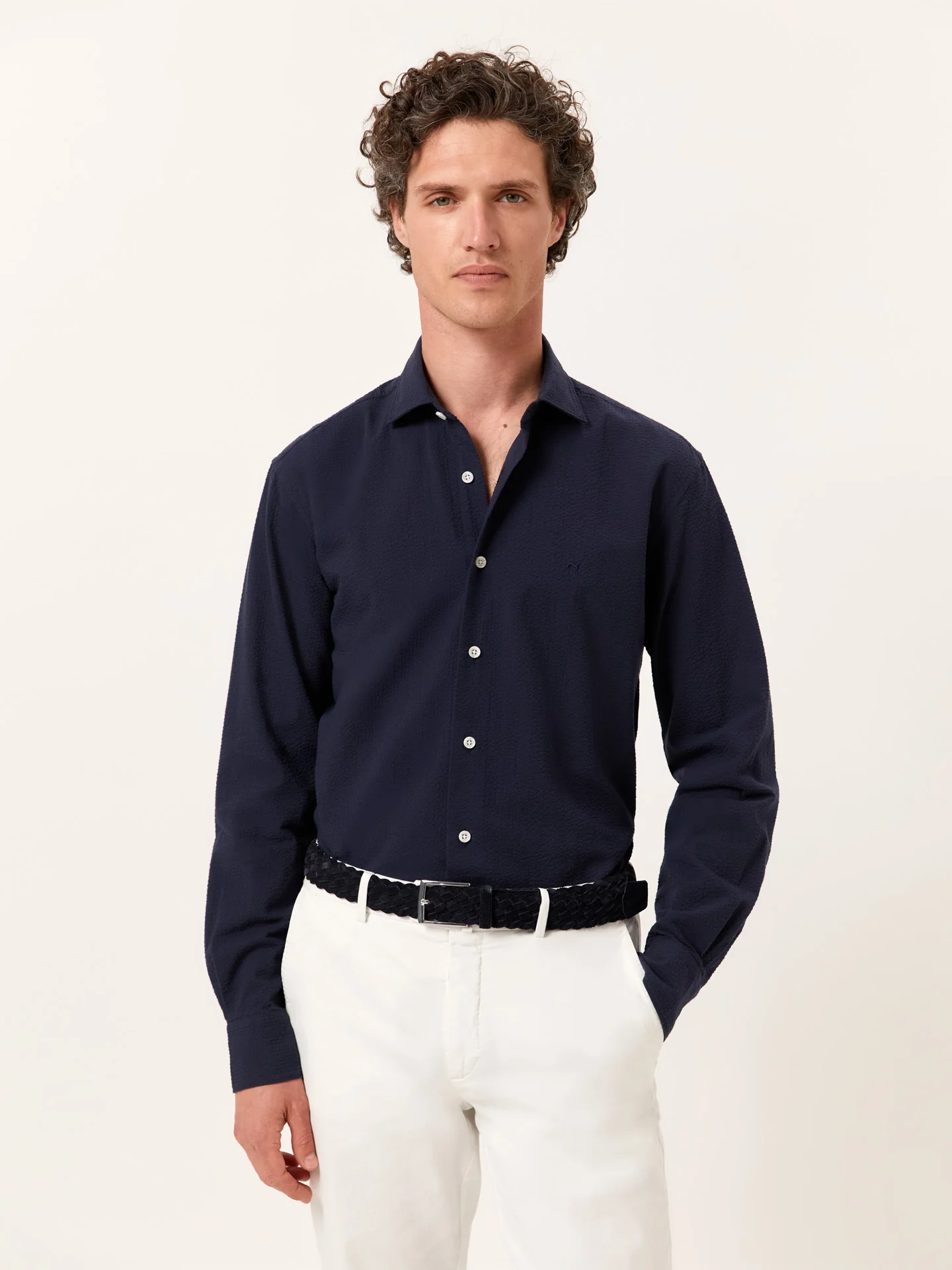 Slim Fit Seersucker Shirt in Cotton Elastane with Open Collar