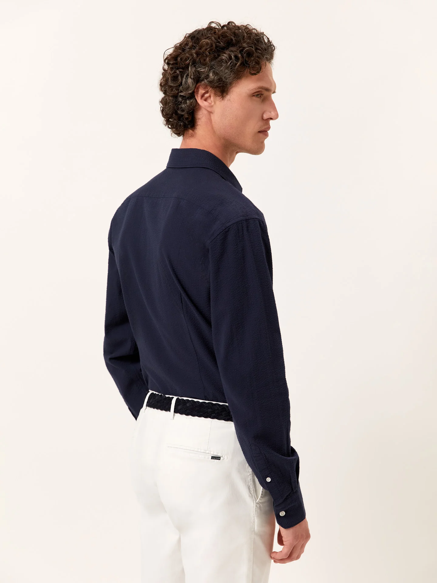 Slim Fit Seersucker Shirt in Cotton Elastane with Open Collar - Image 3