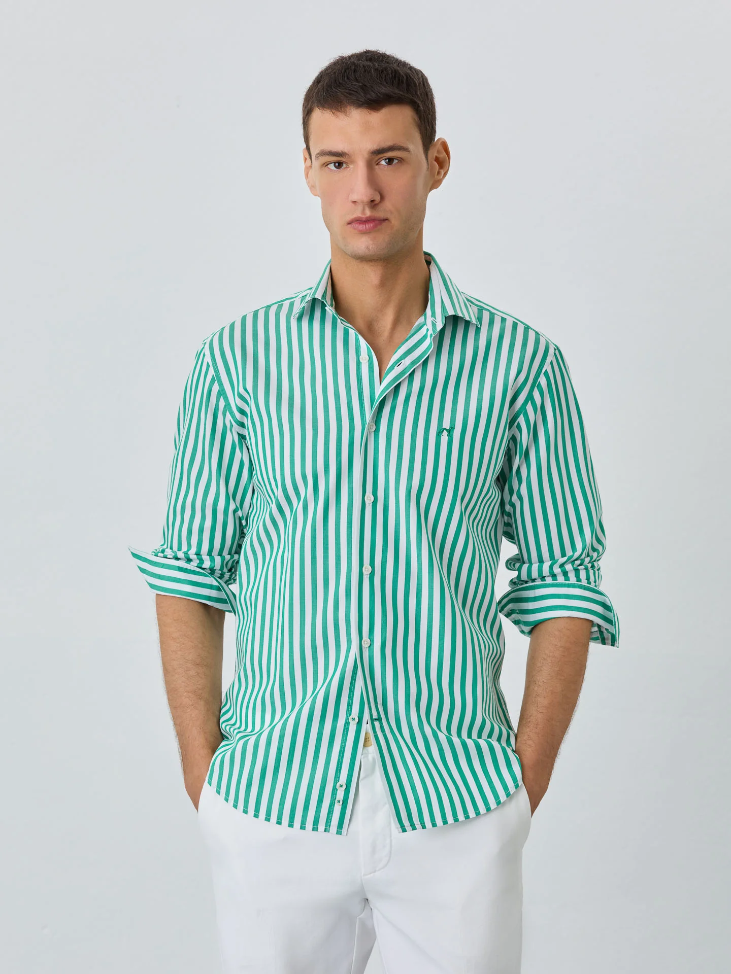 Slim Fit Shirt With Button Down Collar In BCI Cotton With Stripes