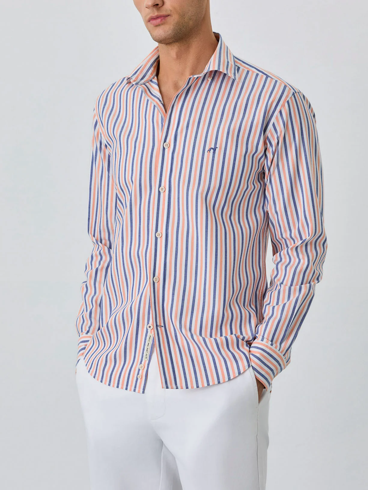 Slim Fit Shirt With Button Down Collar In BCI Cotton With Stripes