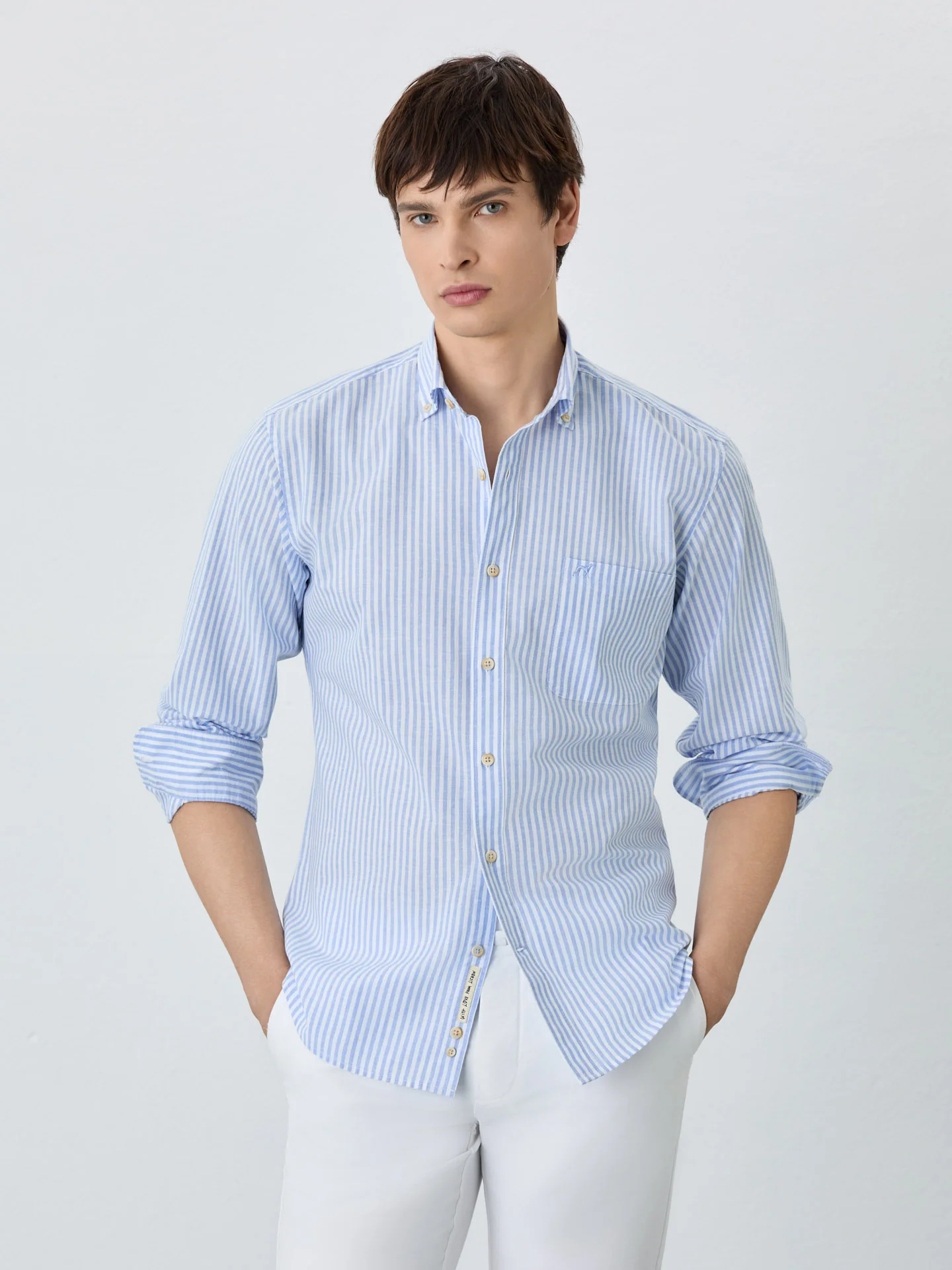 Slim Fit Shirt With Chest Pocket In Cotton-linen Blend With Stripes - Image 2