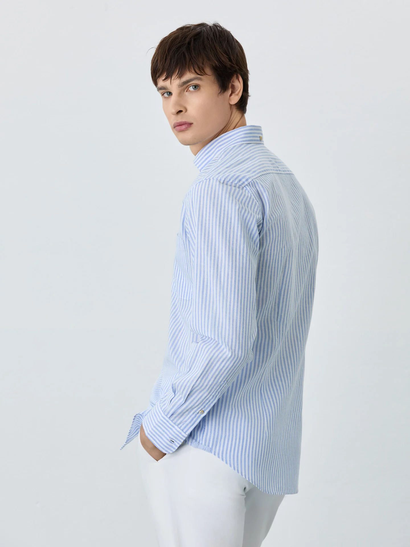Slim Fit Shirt With Chest Pocket In Cotton-linen Blend With Stripes - Image 3