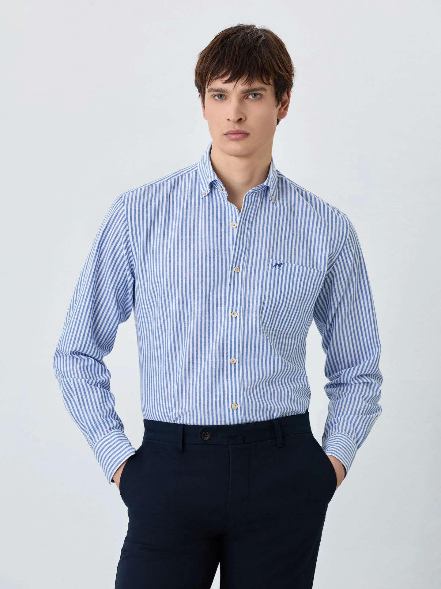 Slim Fit Shirt With Chest Pocket In Cotton-linen Blend With Stripes