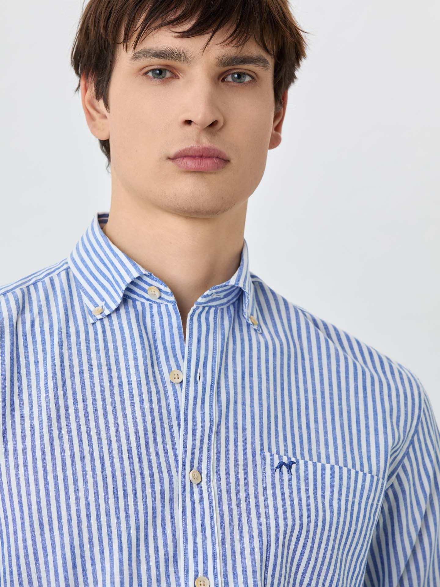 Slim Fit Shirt With Chest Pocket In Cotton-linen Blend With Stripes - Image 2