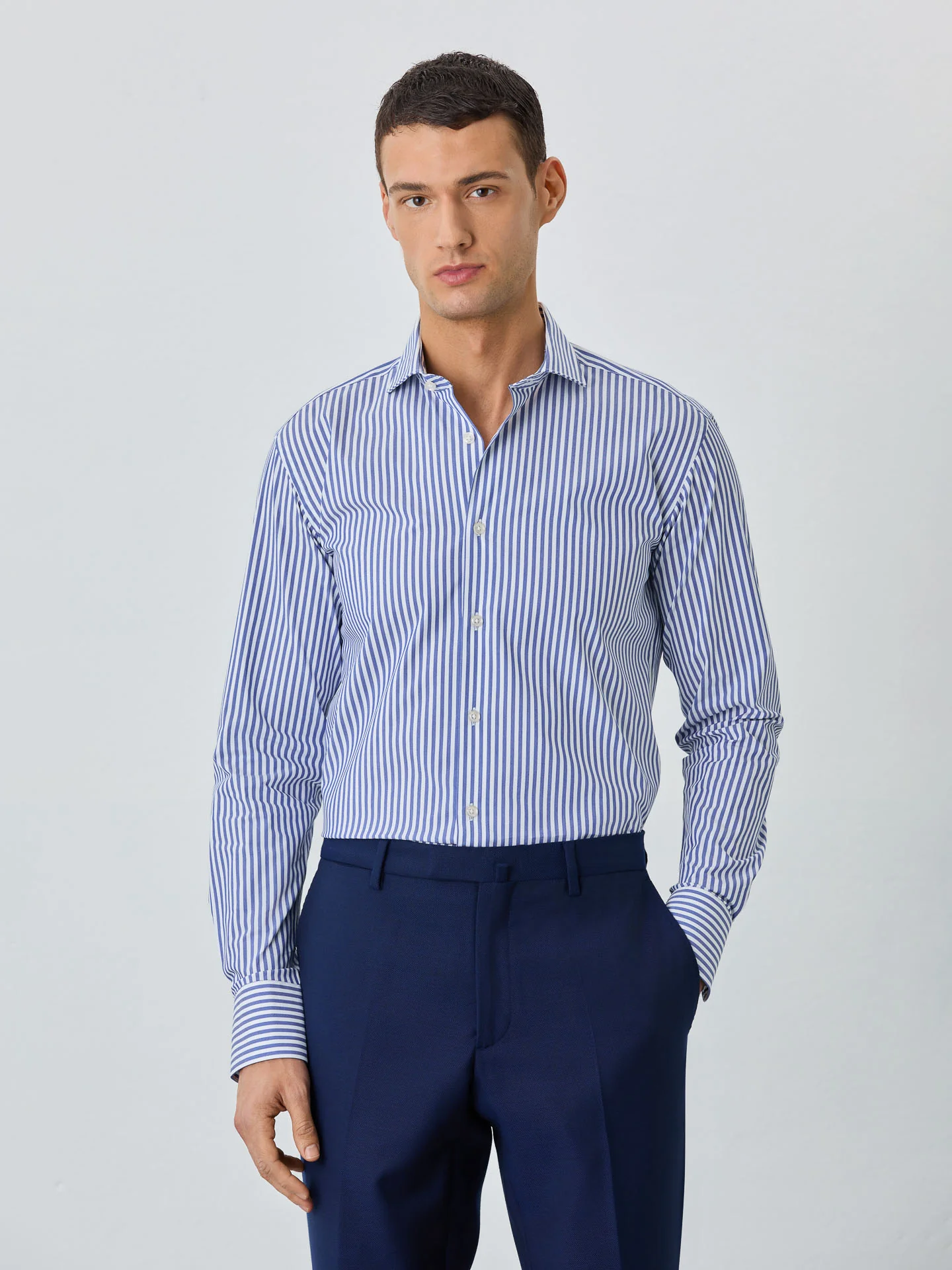 Slim Fit Shirt With Dublin Collar In Cotton Blend With Stripes