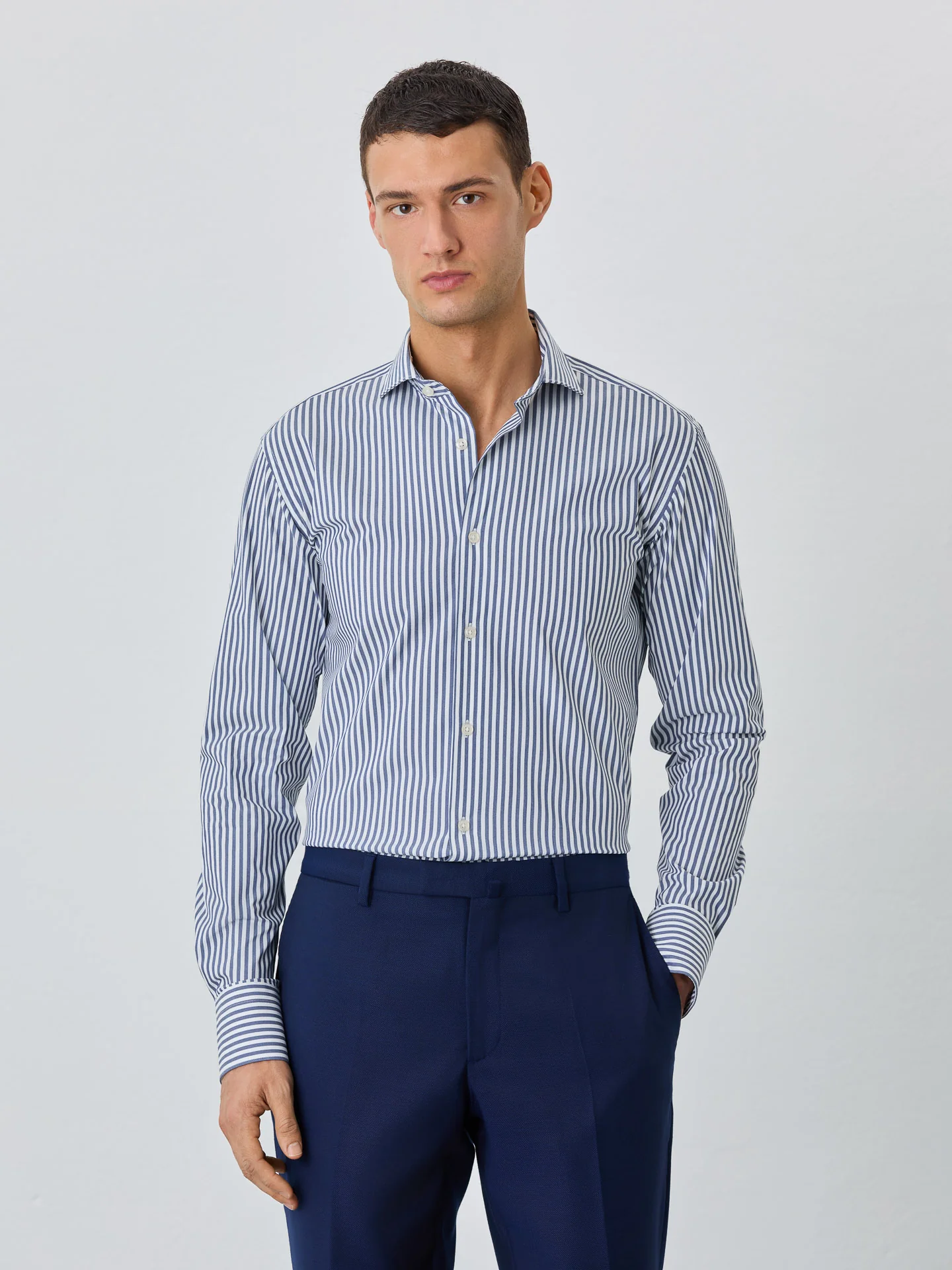 Slim Fit Shirt With Dublin Collar In Cotton Blend With Stripes